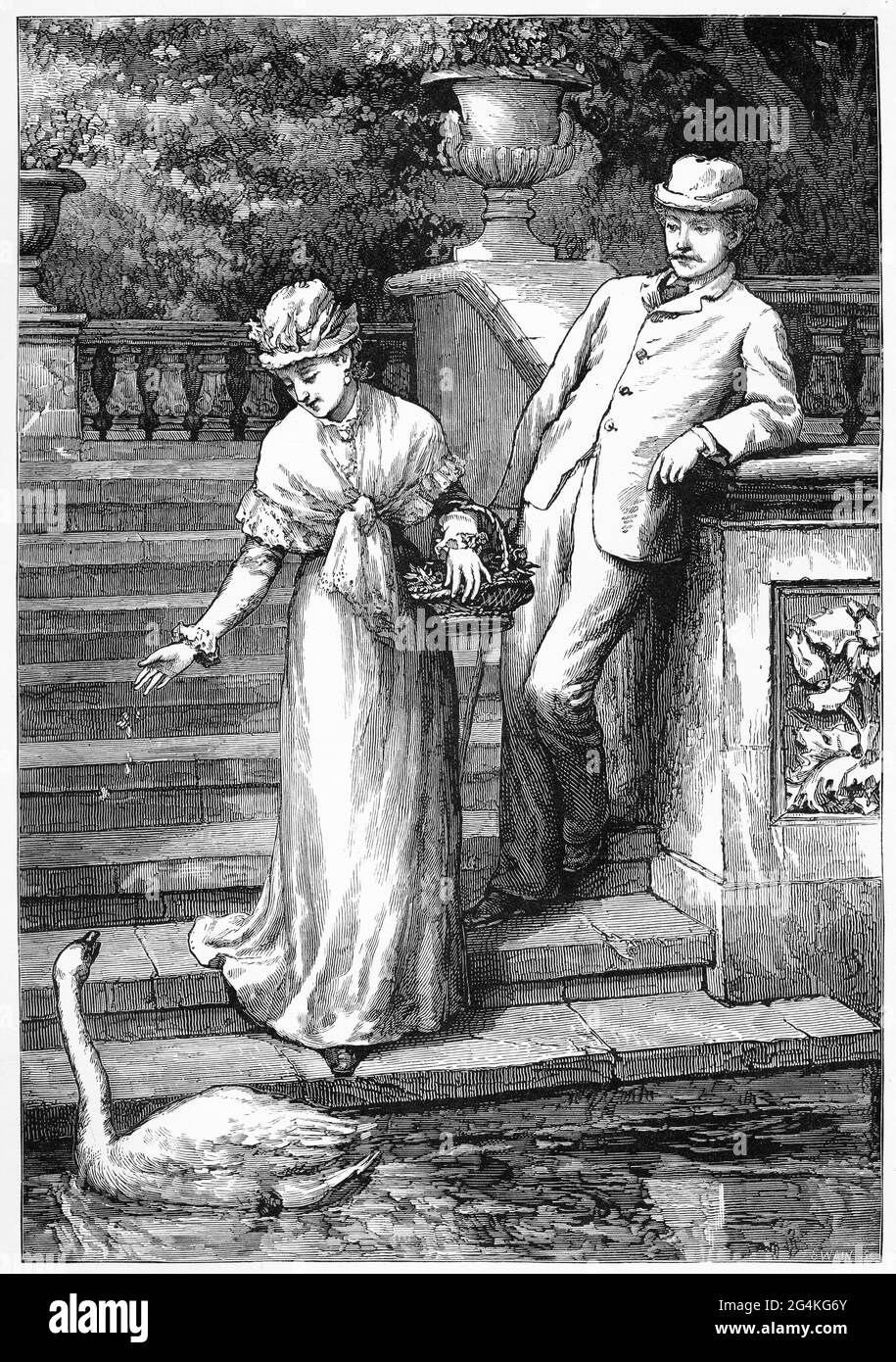 Engraving of a couple on an outing to the park in Victorian England Stock Photo