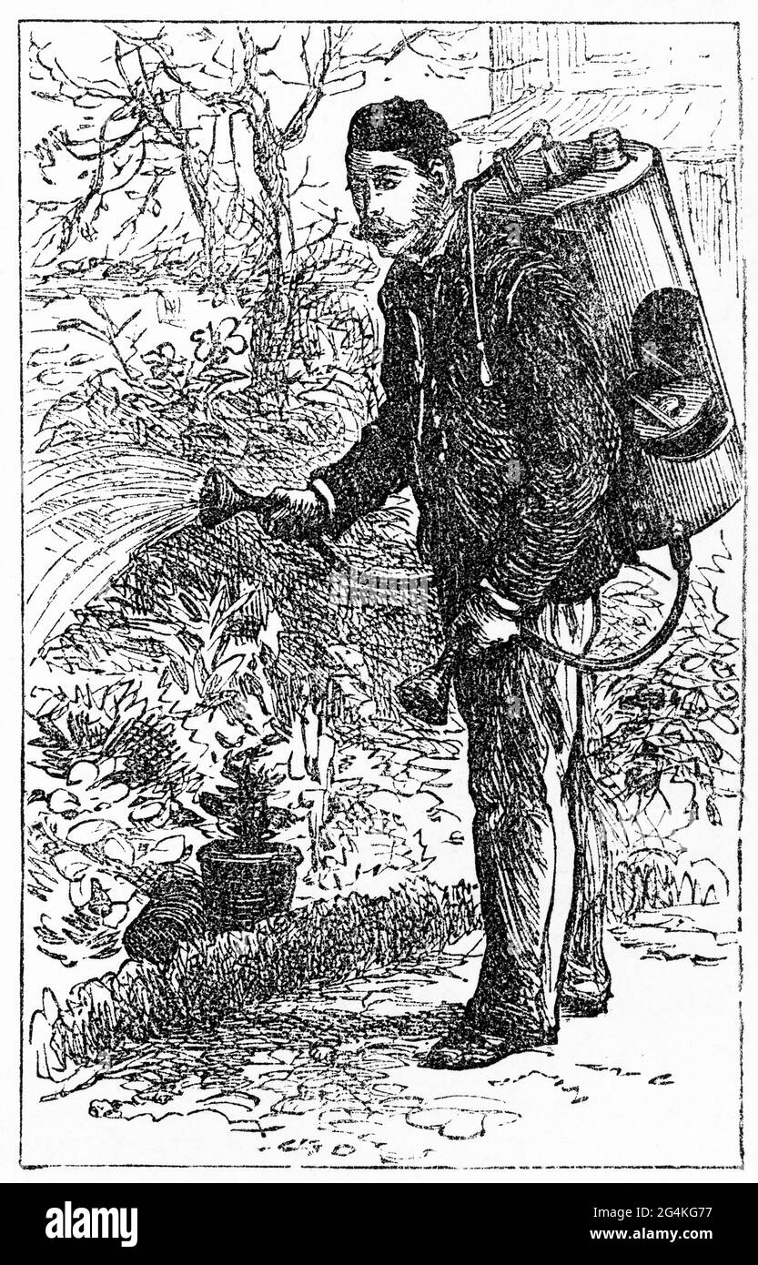 Engraving of  man using an innovative Victorian-era garden sprinkler Stock Photo