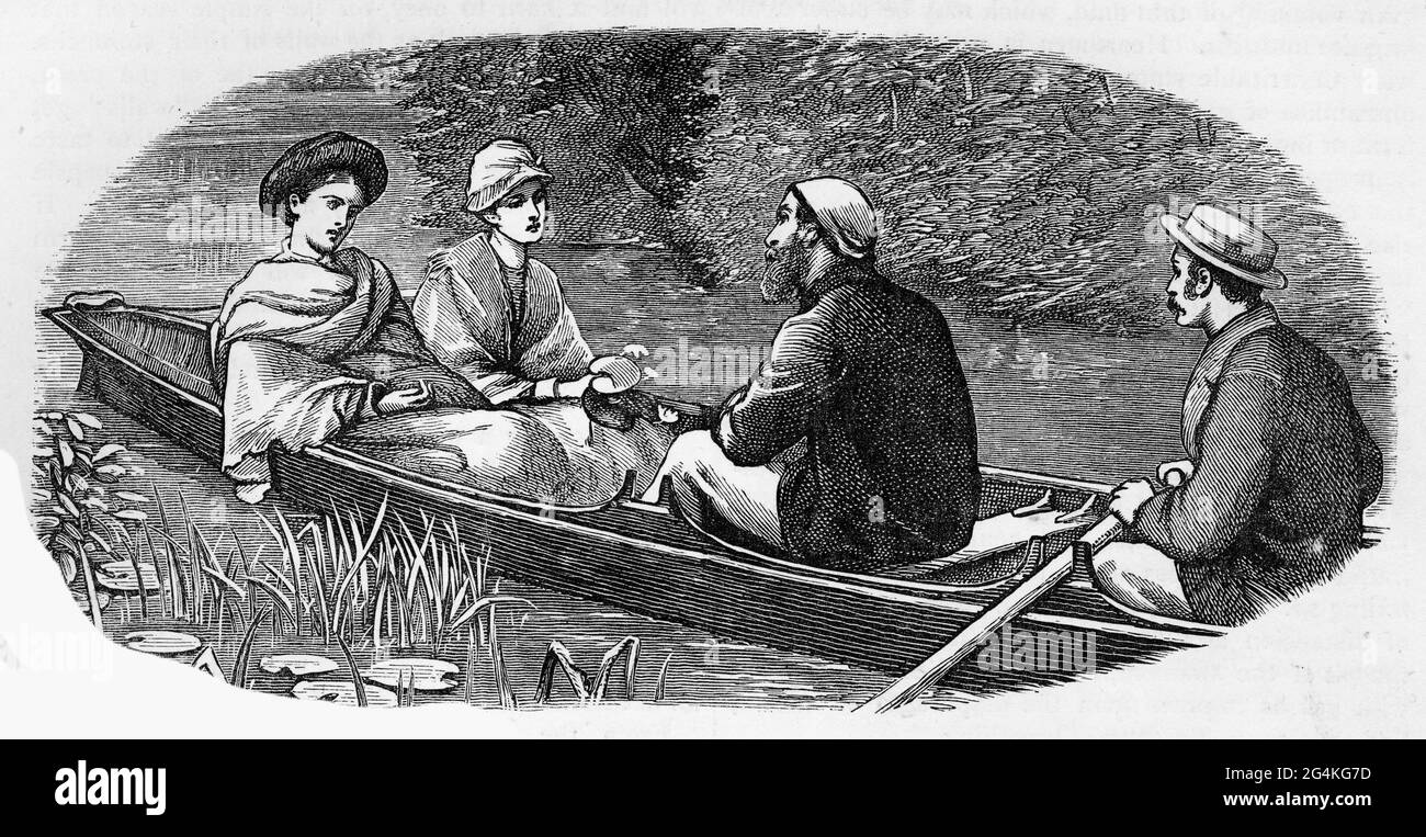 Engraved portrait of two young couples in a small boat Stock Photo