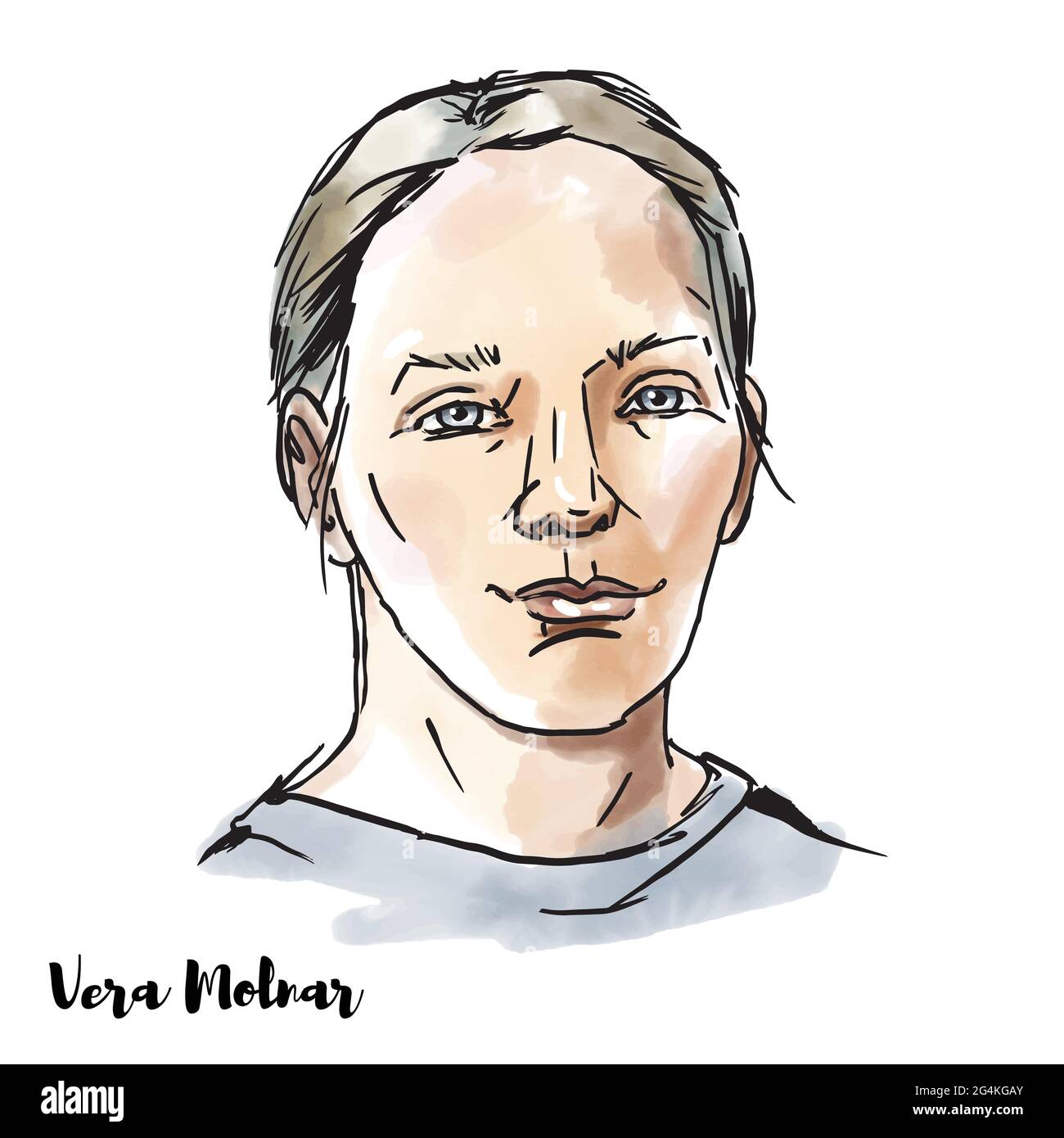 MOSCOW, RUSSIA - February 15, 2020: Vera Molnar engraved vector watercolor portrait with ink contours. Irish poet and one of the foremost figures of 2 Stock Vector