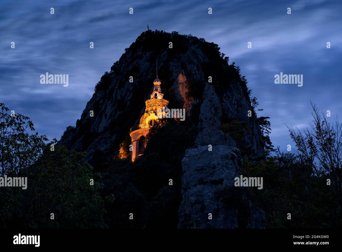 Troballa Cave (finding cave where was found the virgin) in the Queralt Sanctuary in the twilight blue hour (Berguedà, Barcelona, Catalonia, Spain) Stock Photo