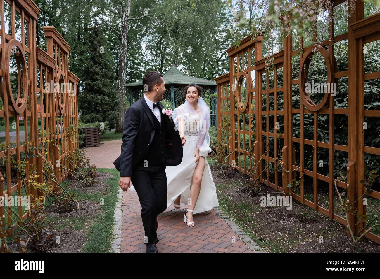 Happy newlyweds holding hands and running in park Stock Photo - Alamy