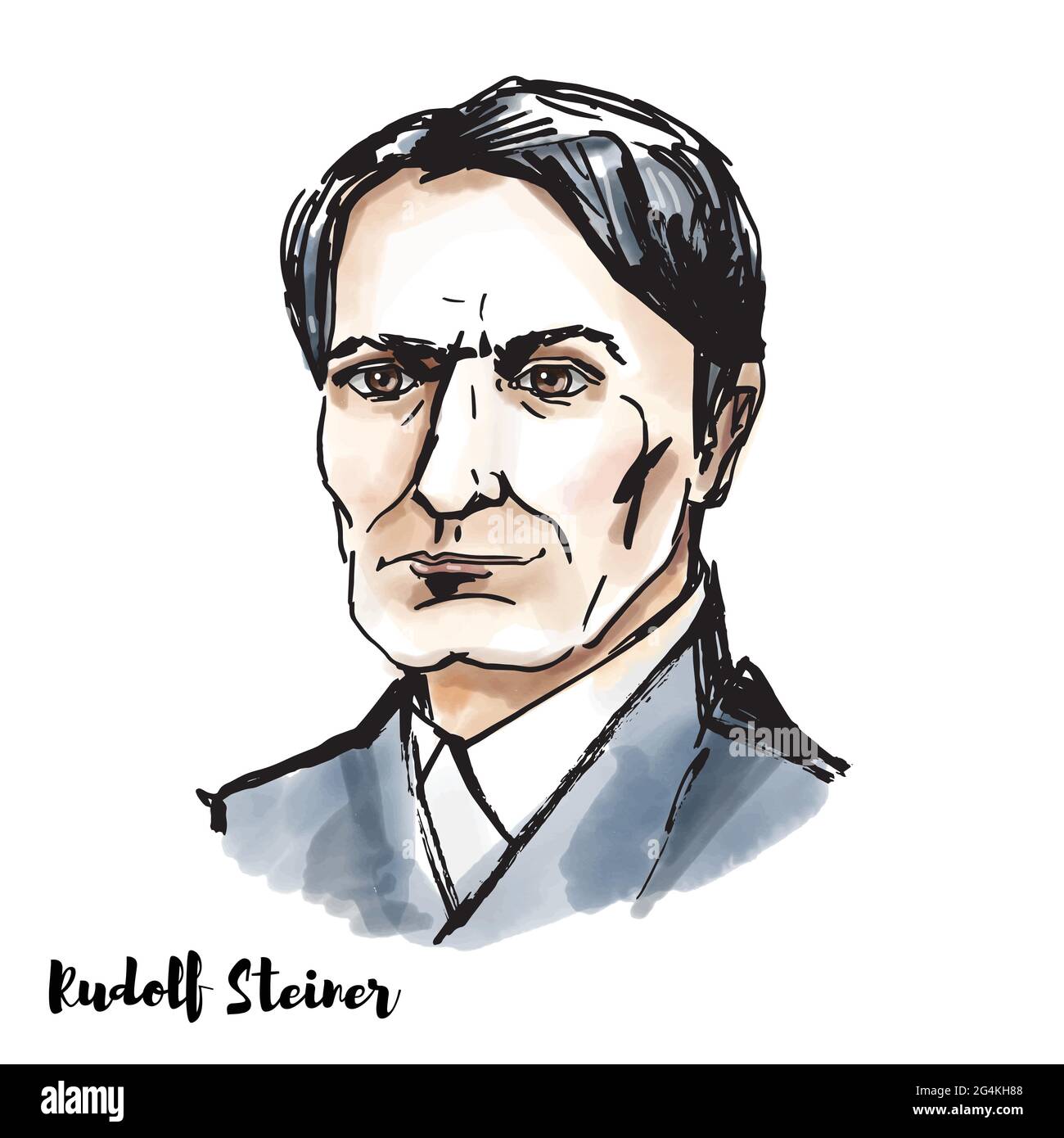 MOSCOW, RUSSIA - February 23, 2020: Rudolf Steiner watercolor vector portrait with ink contours. Austrian philosopher, social reformer, architect, eco Stock Vector