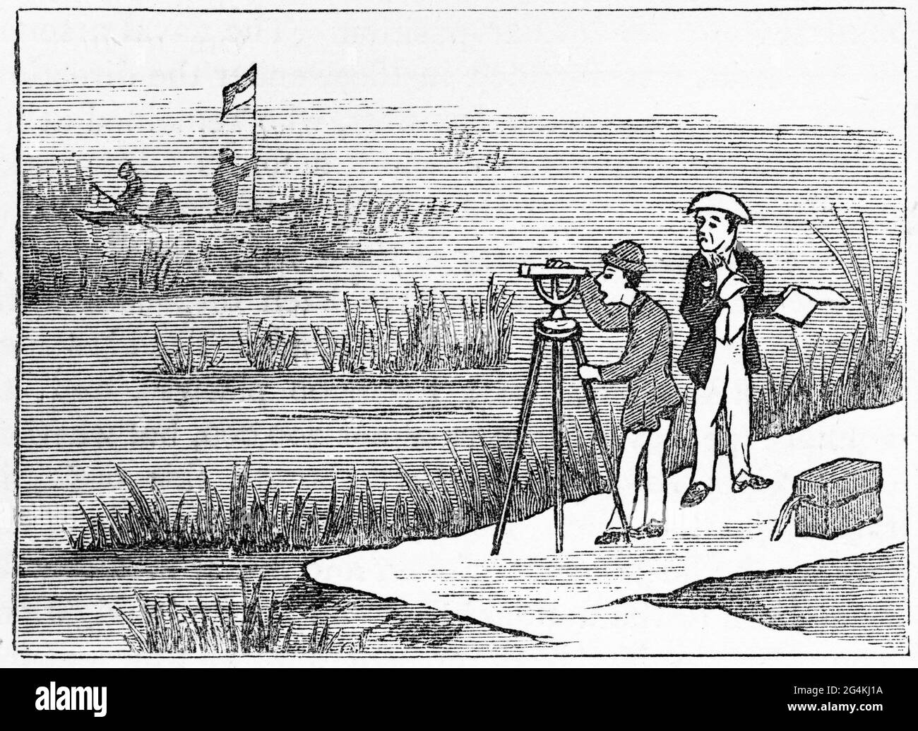 Engraving of a Japanese surveying party plotting a lake, circa 1890 Stock Photo