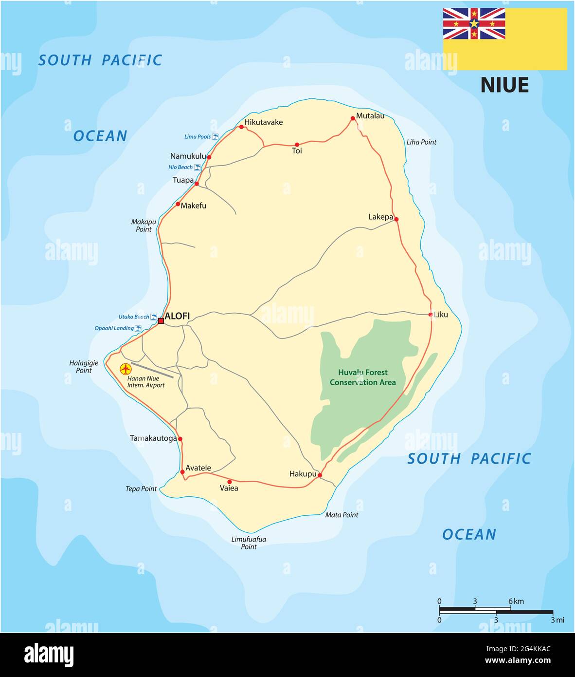 Vector road map of the island Niue in the South Pacific Stock Vector