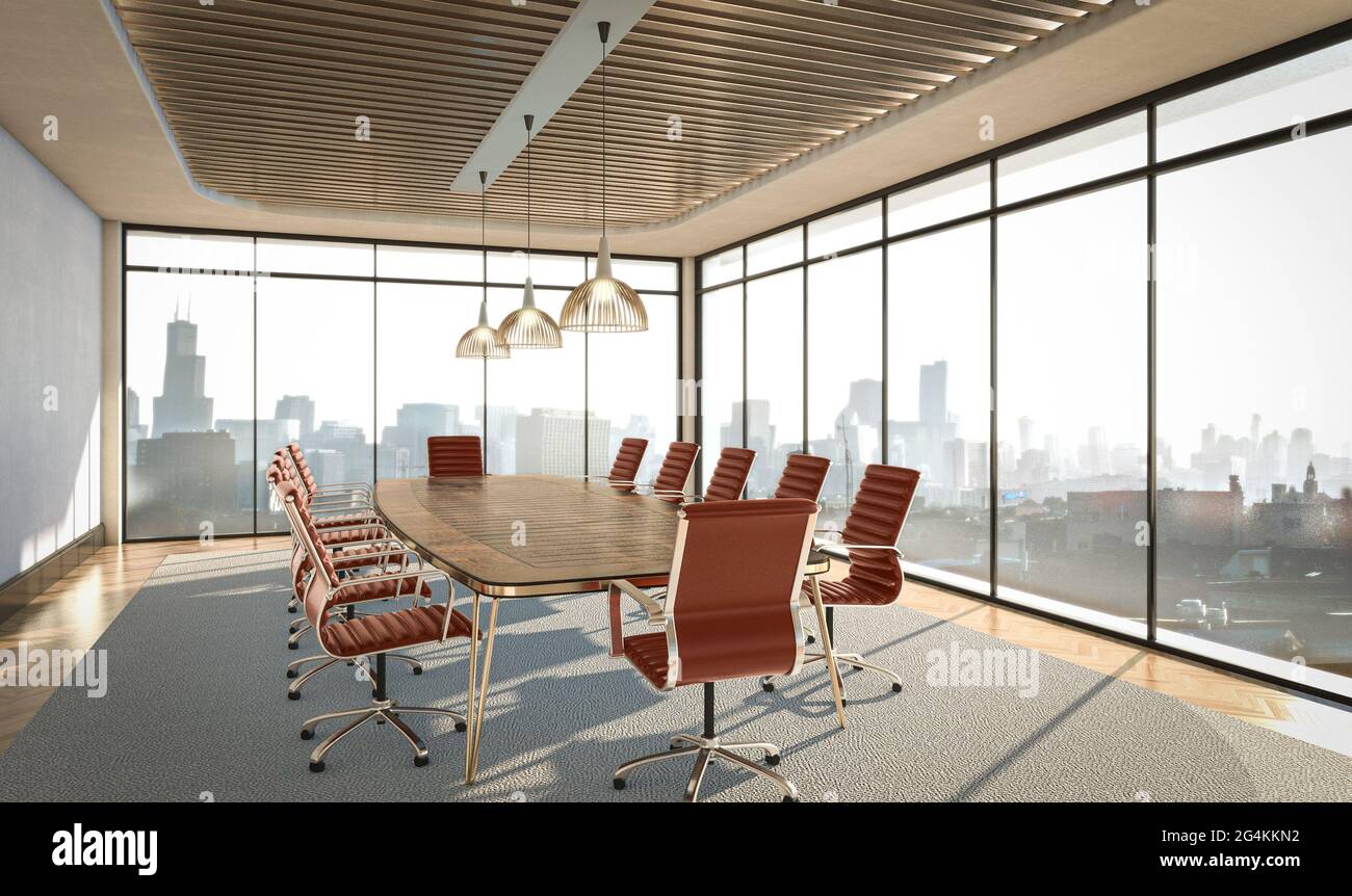 An interior of a boardroom table surounded by burgundy colored chairs ...