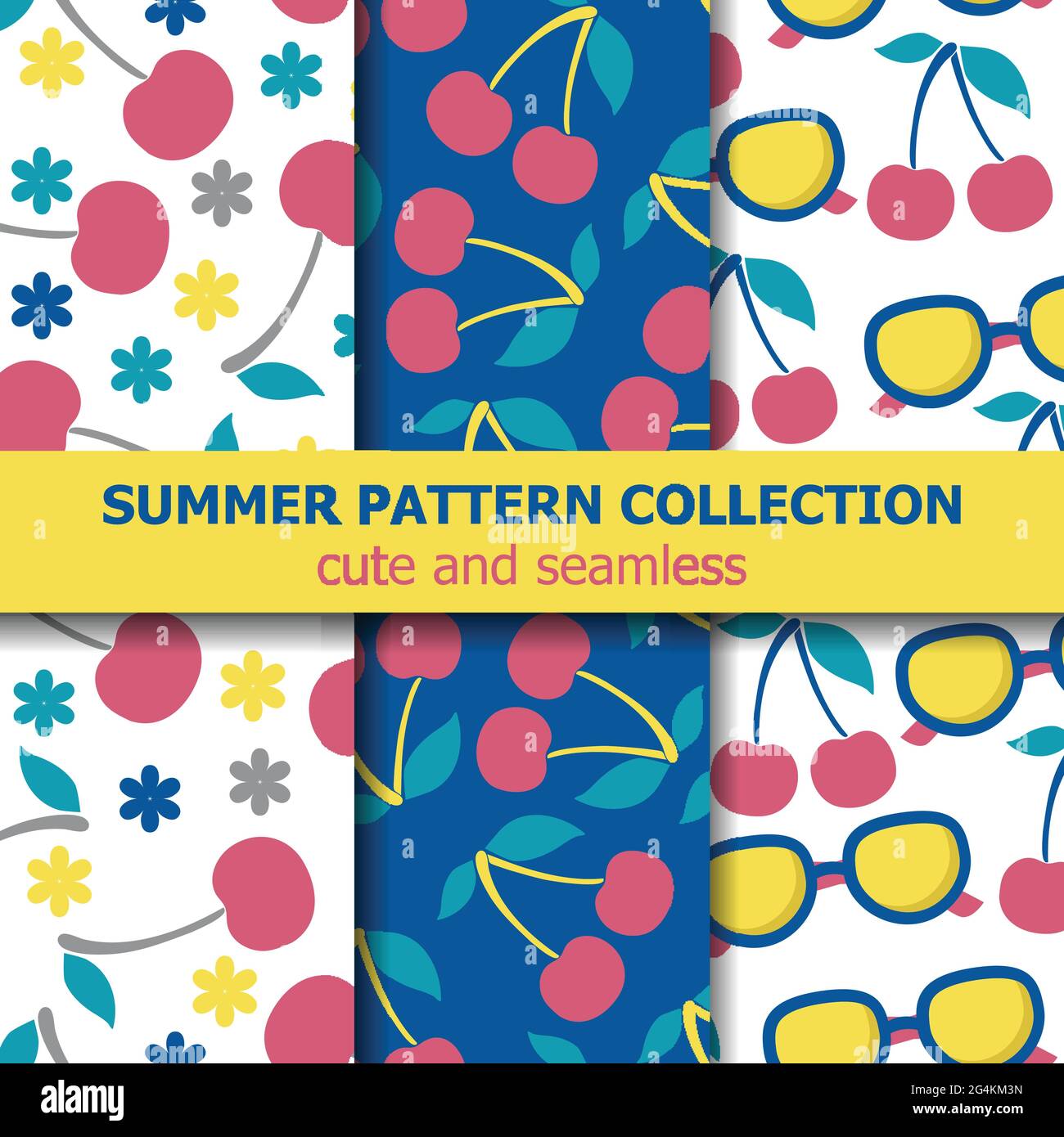 Summer pattern collection with cherries and sunglasses. Summer banner. Vector Stock Vector