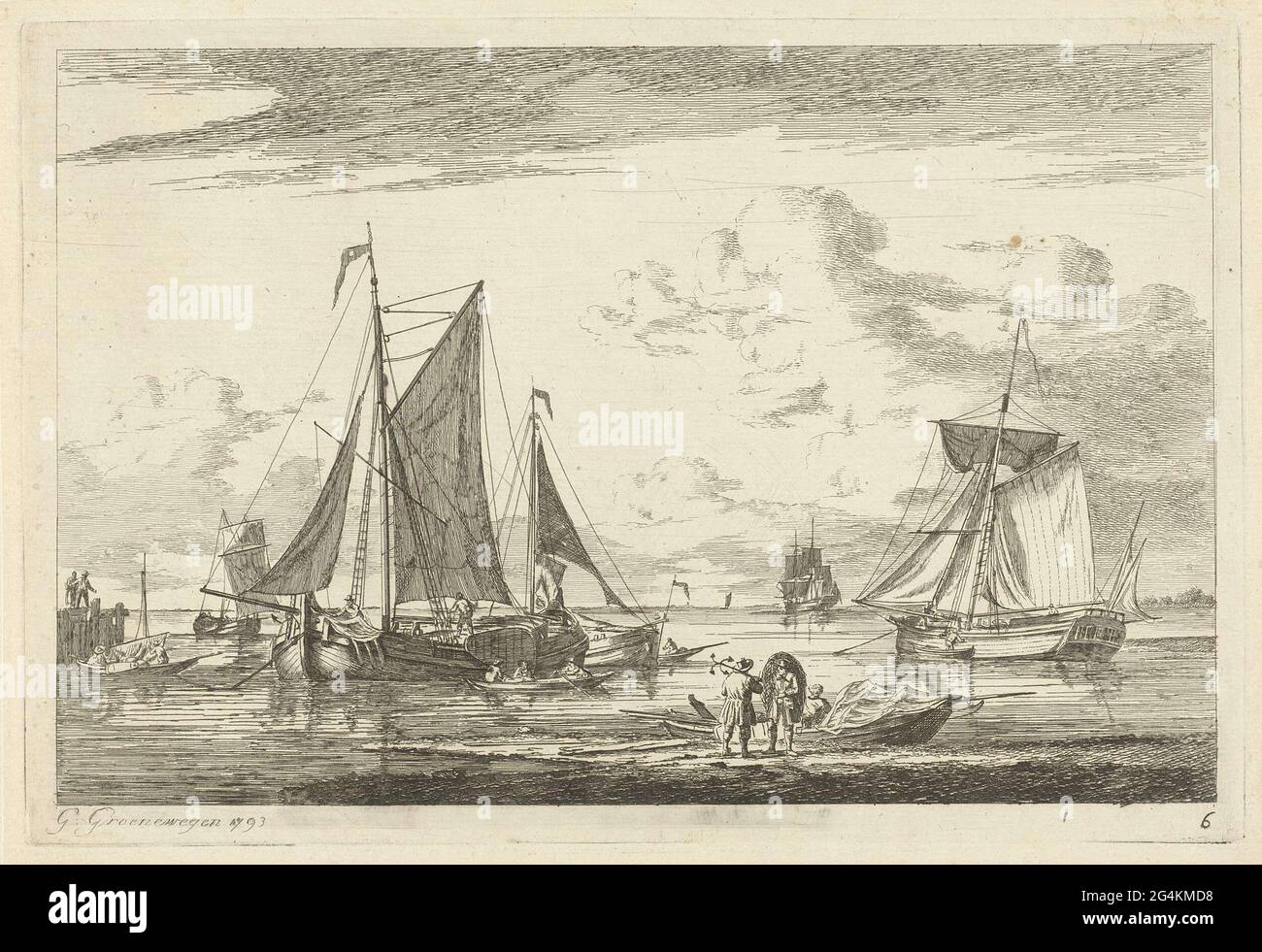 . Seascape with sailing ships and in the foreground a sloop with two ...
