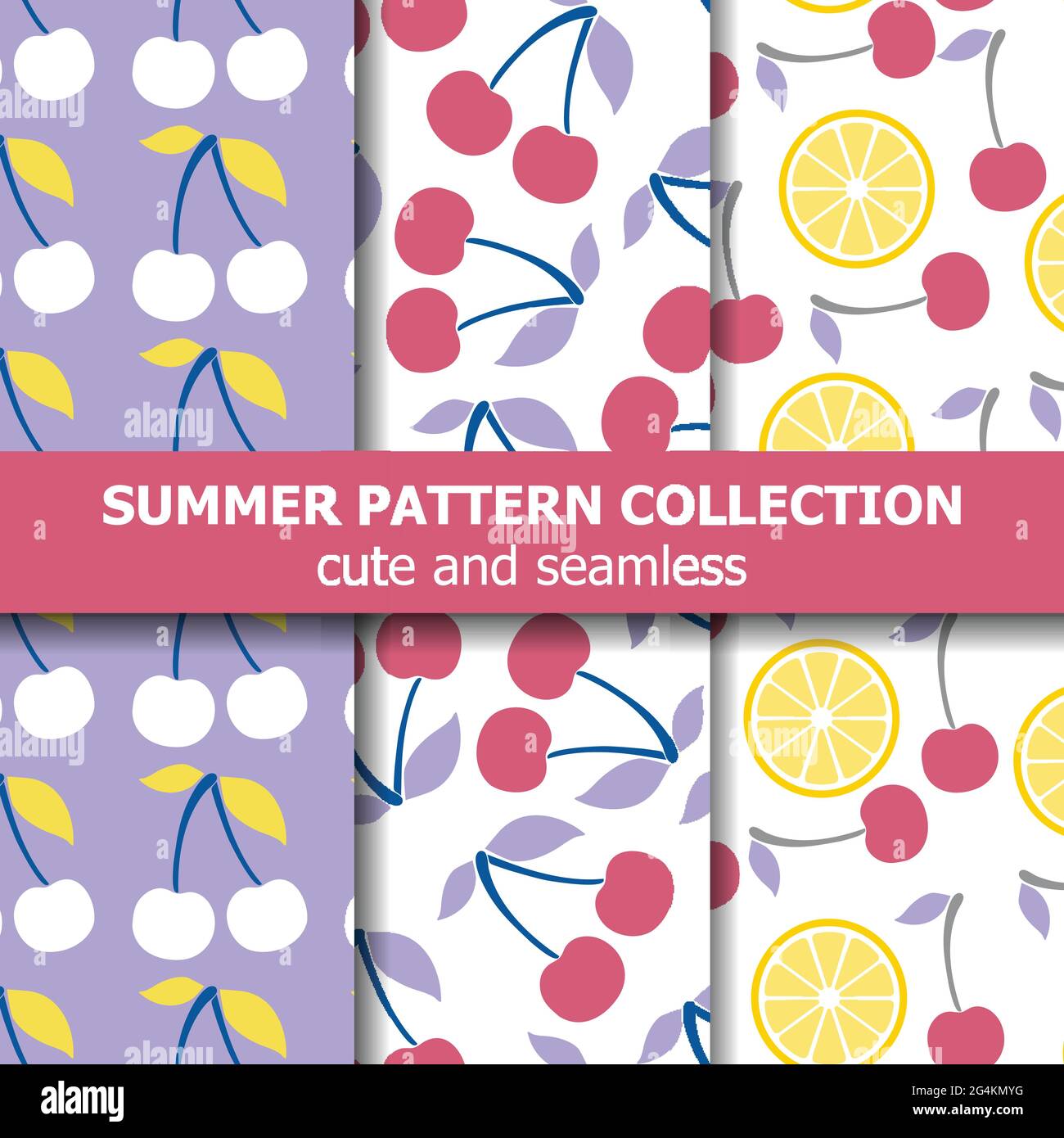 Delicious pattern collection with cherries and lemons. Summer banner. Vector Stock Vector