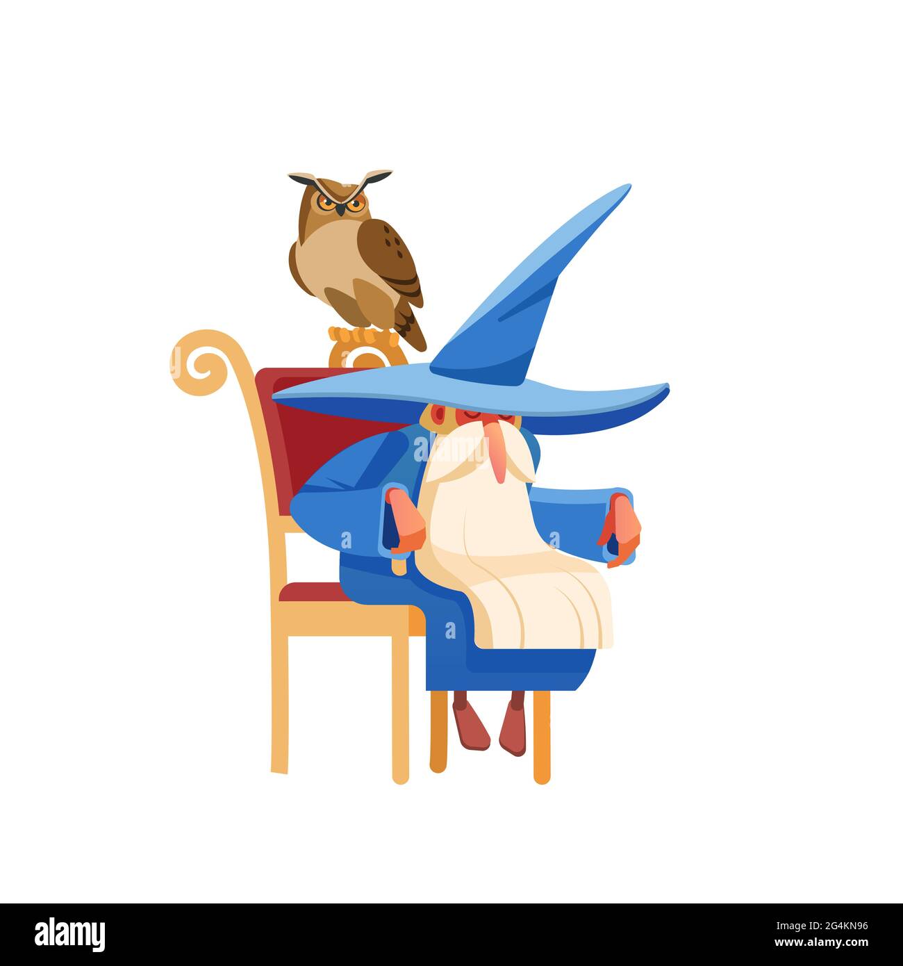 Magic old man enchanter or wizard character. Tired Old witch man in wizard robe sleeping or resting. Owl guards the sleep of the owner. Cartoon style Stock Vector