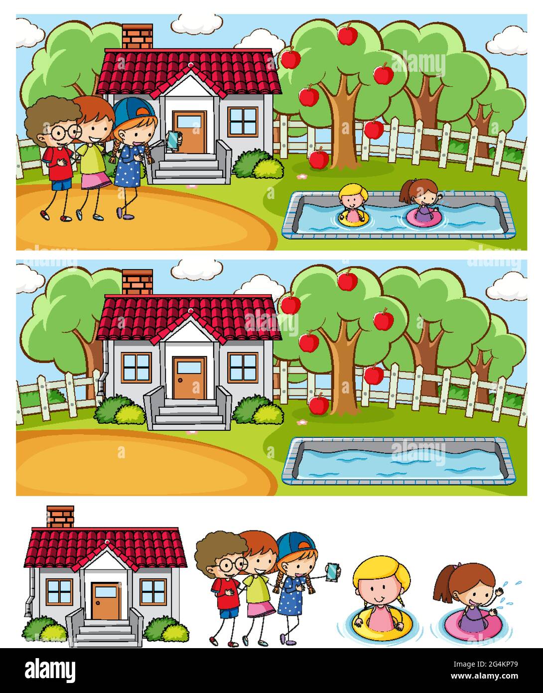 Set of different horizontal scenes background with doodle kids cartoon character illustration Stock Vector