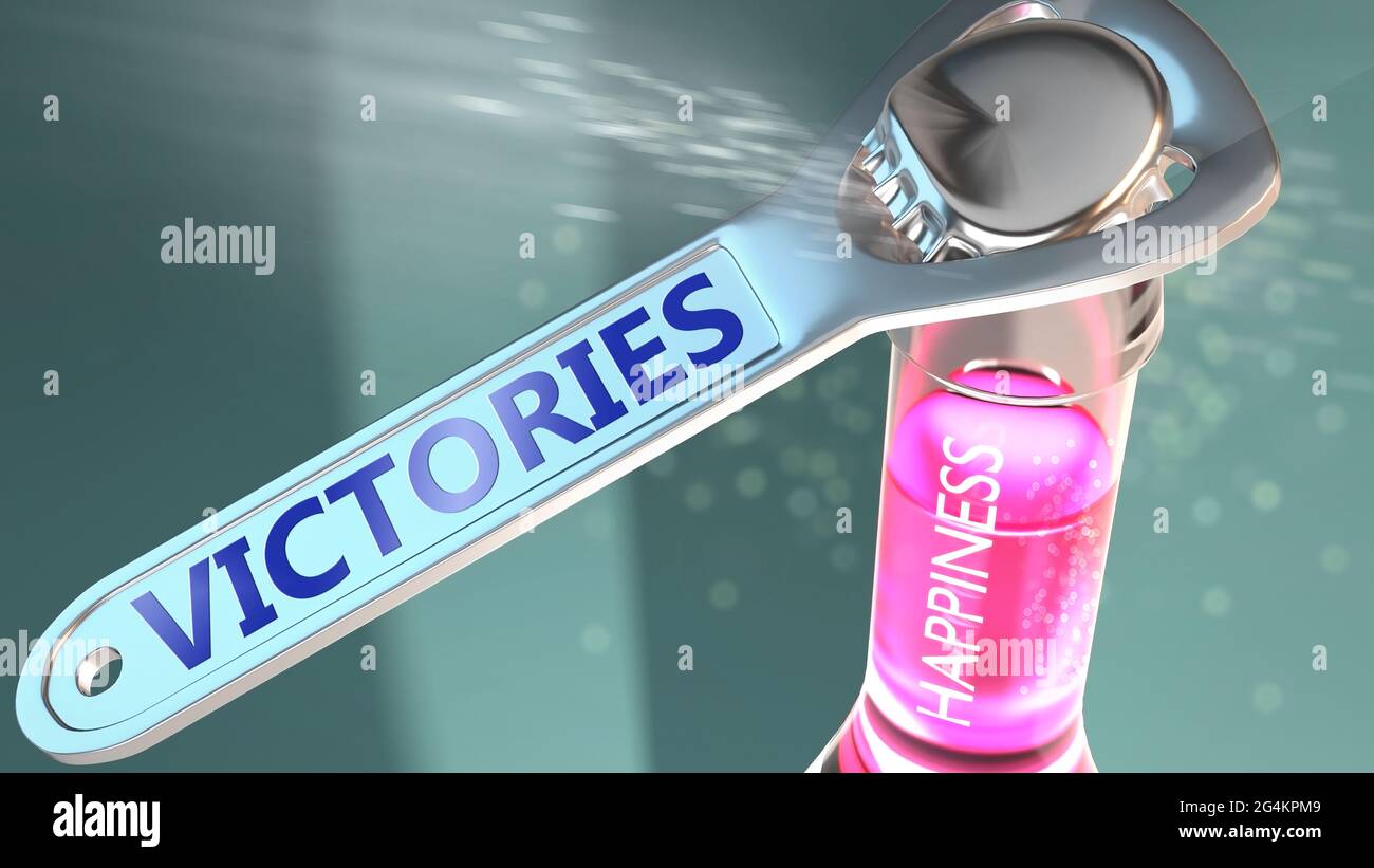 Victories open the way for happiness and brings joy - shown as a happy bottle opened by Victories to symbolize the role, effect and impact of Victorie Stock Photo