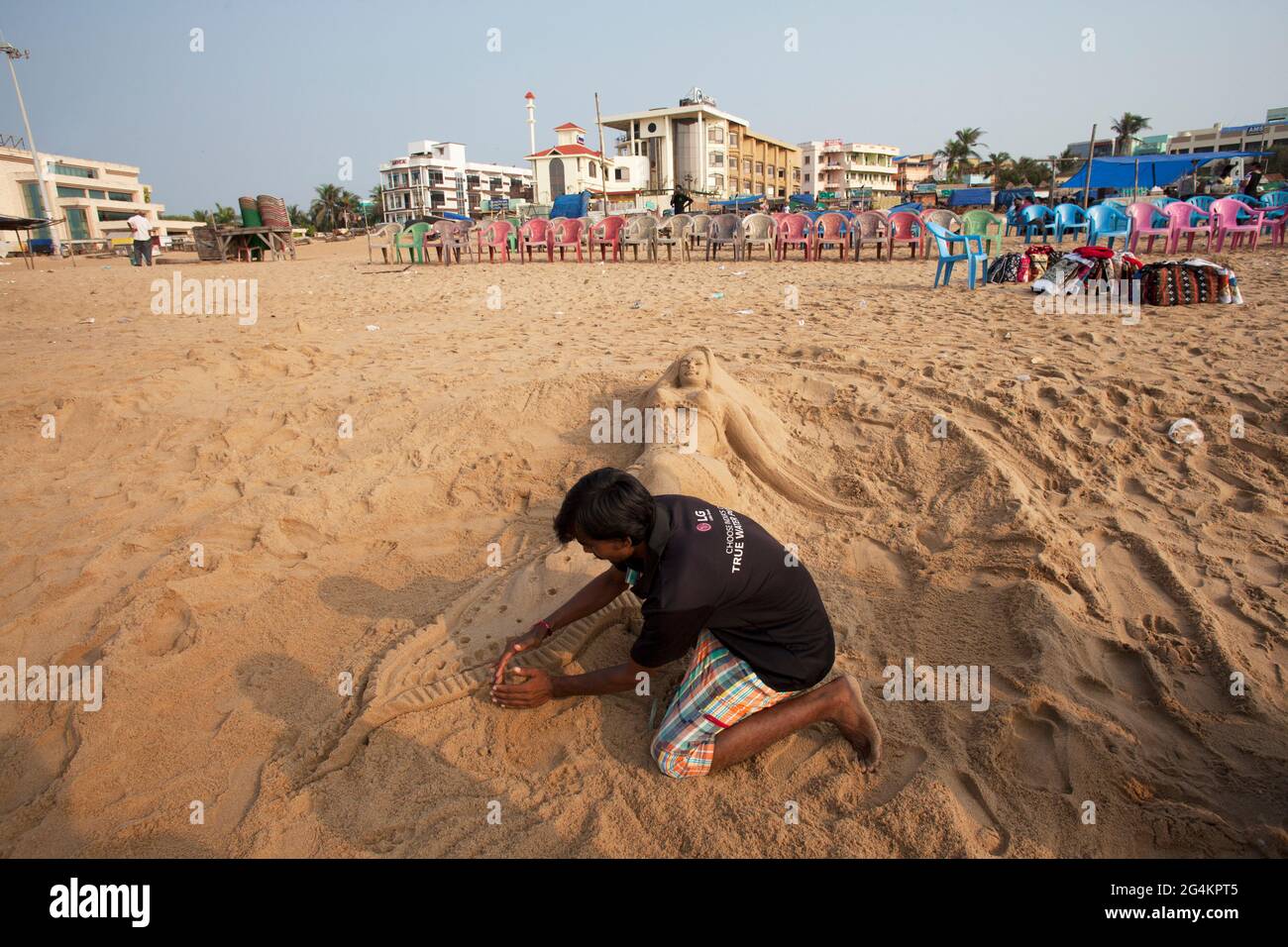 A local artist making sand art at Puri, Odisha, India, a popular