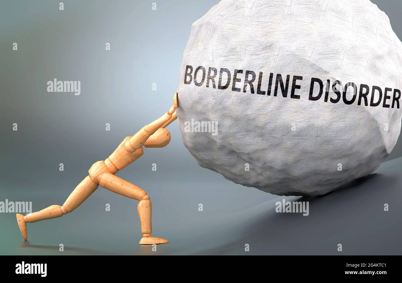 Borderline disorder and painful human condition, pictured as a wooden human figure pushing heavy weight to show how hard it can be to deal with Border Stock Photo