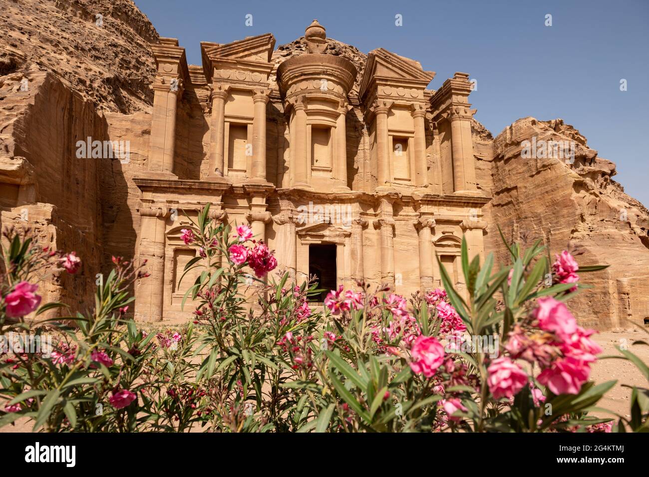 Ad Deir popularly known as ‘The Monastery’ is a monumental building carved out of rock in the ancient Jordanian city of Petra. Jordan Stock Photo