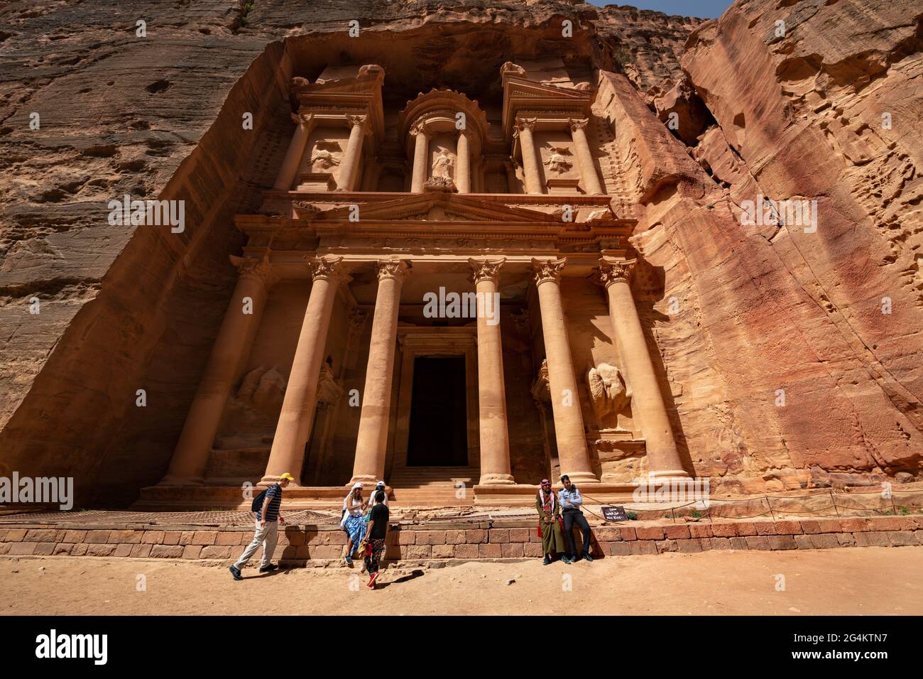 Al-Khazneh "The Treasury" is one of the most elaborate temples in Petra, a city of the Nabatean Kingdom inhabited by the Arabs in ancient times. Stock Photo