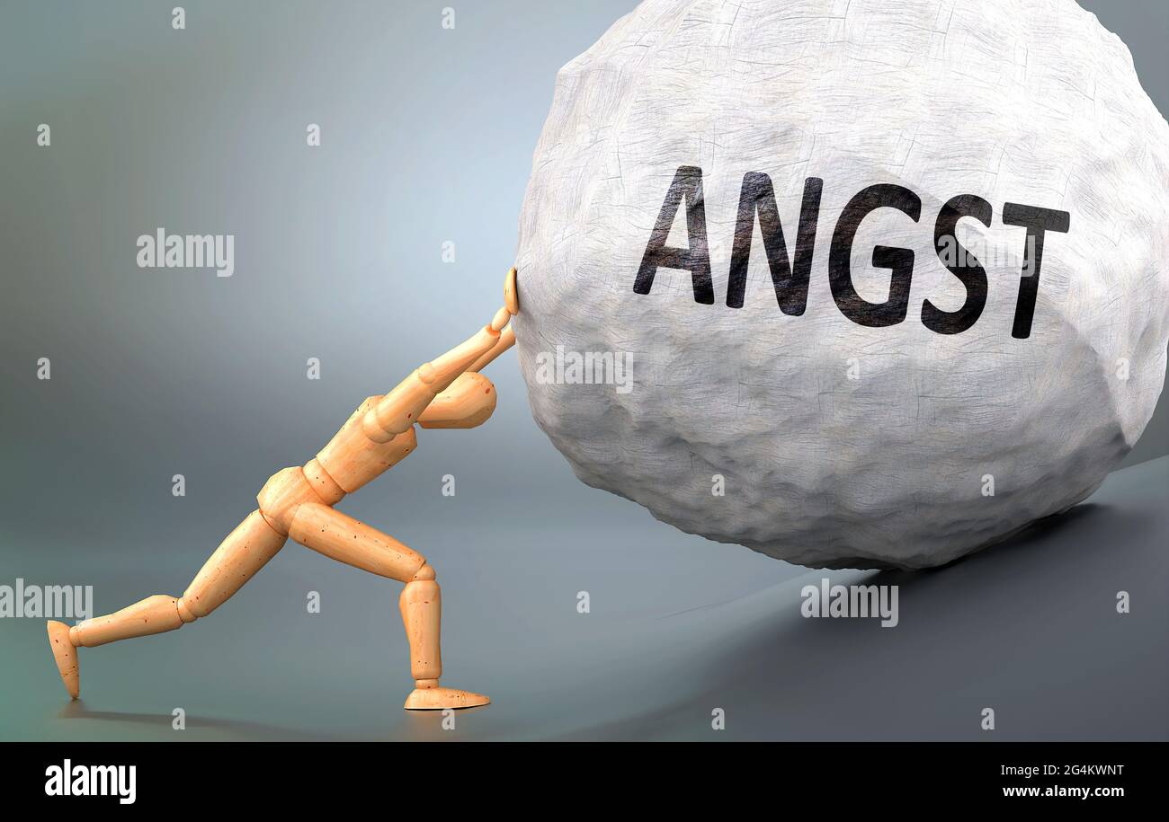 Angst and painful human condition, pictured as a wooden human figure pushing heavy weight to show how hard it can be to deal with Angst in human life, Stock Photo