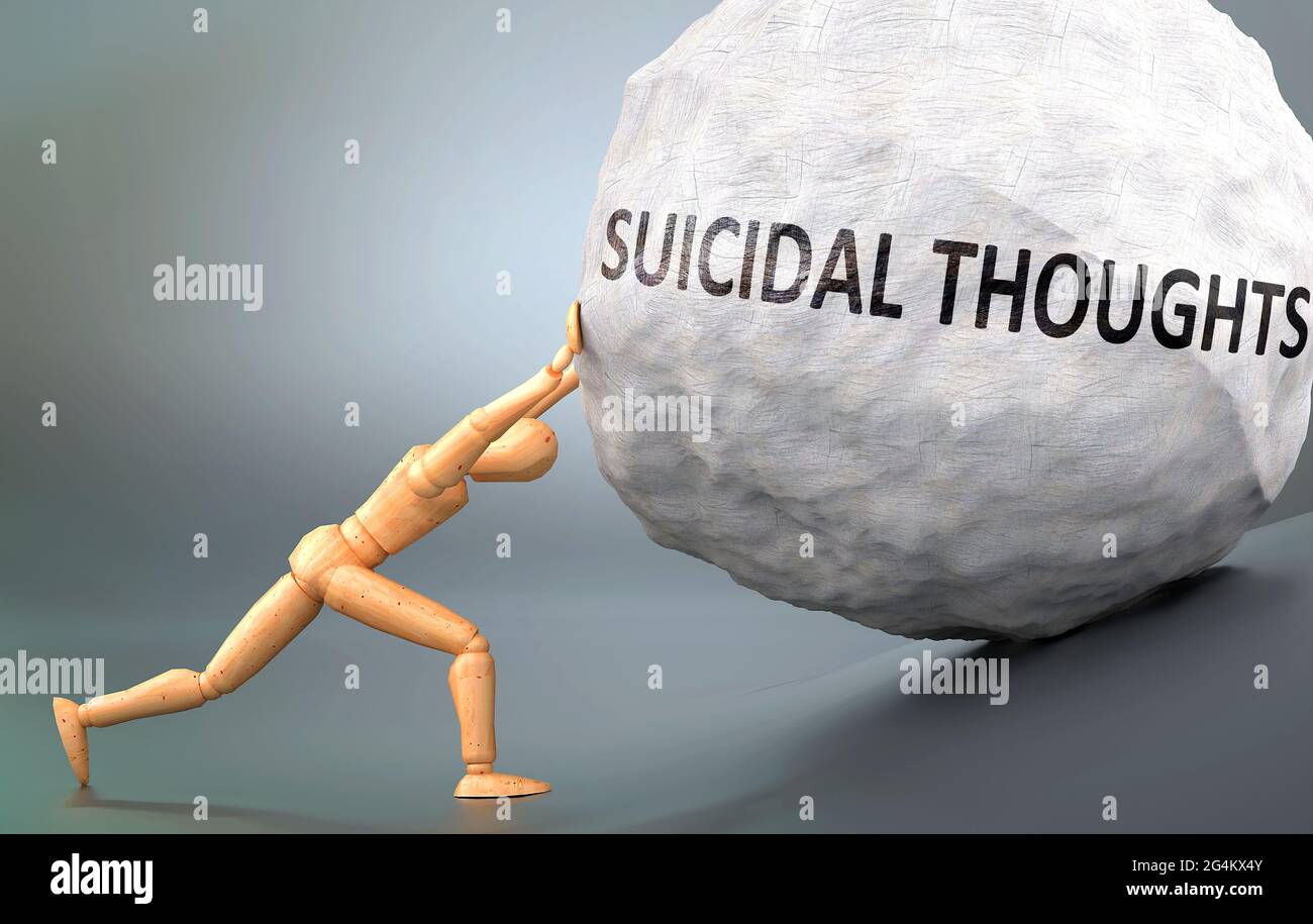 Suicidal thoughts and painful human condition, pictured as a wooden human figure pushing heavy weight to show how hard it can be to deal with Suicidal Stock Photo