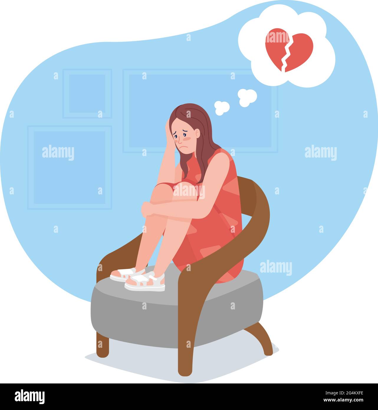 Upset girl sit alone with broken heart 2D vector isolated illustration ...