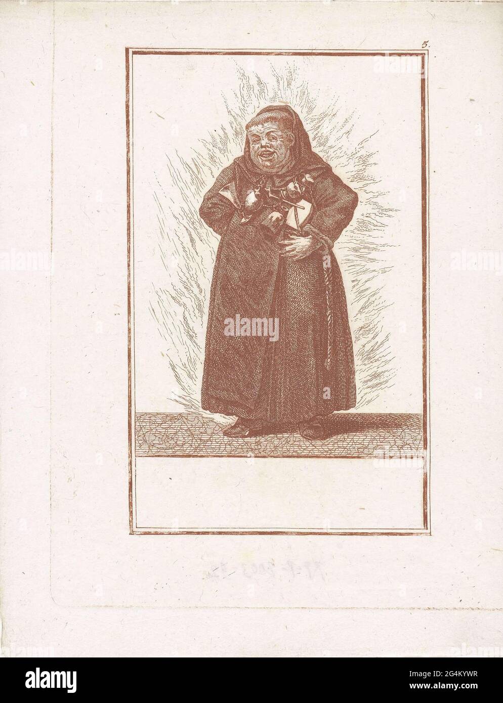 . A thick monk, seen from the front, standing in a wreath of fire. Around his neck, a glass, bottle, pipe and other attributes indicate that indicate anything but austere lifestyle. The print is part of a 50-part series with the subject of the misuse of the Catholic clergy. Stock Photo