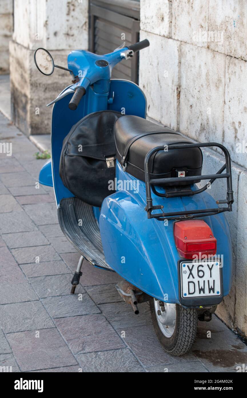 terni,italy june 22 2021:piaggio vespa 50 vintage in mixed blue color Stock Photo