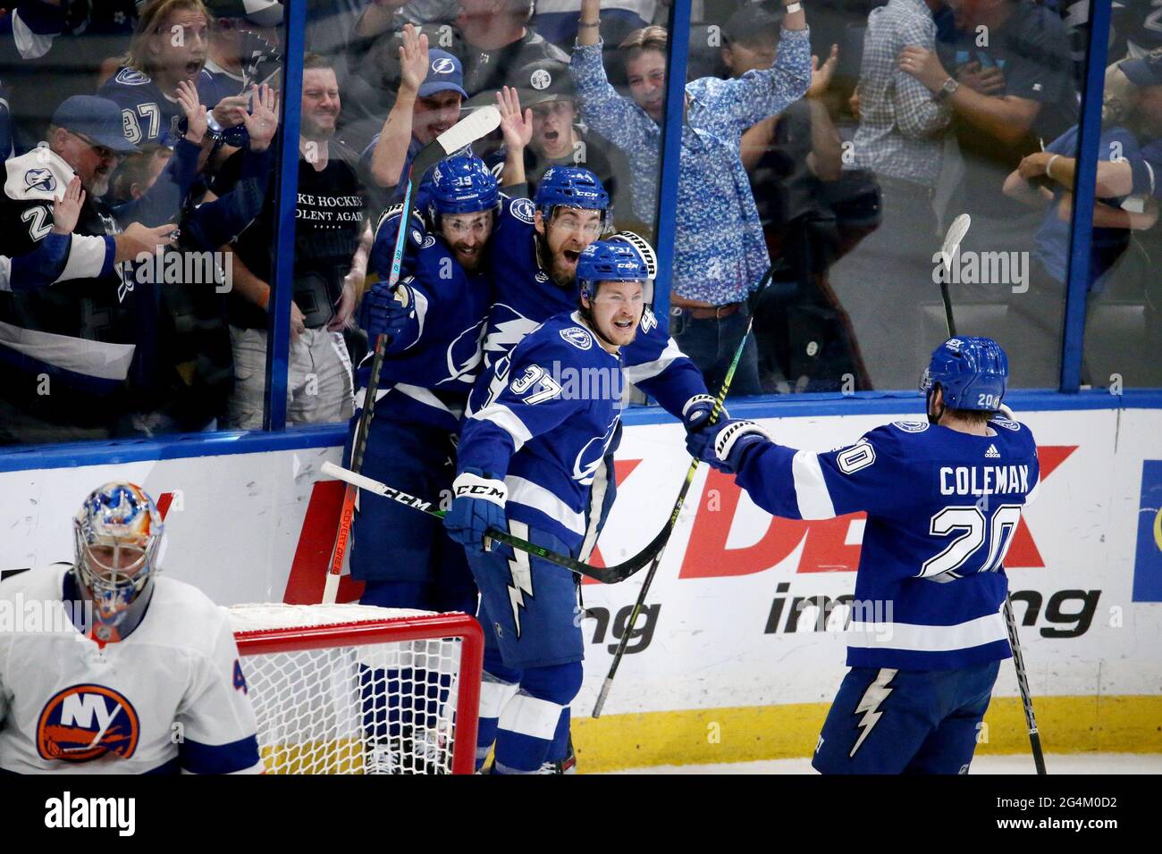 Jan Rutta Lightning Tampa Bay Lightning center Yanni Gourde (37) celebrates his goal with ...