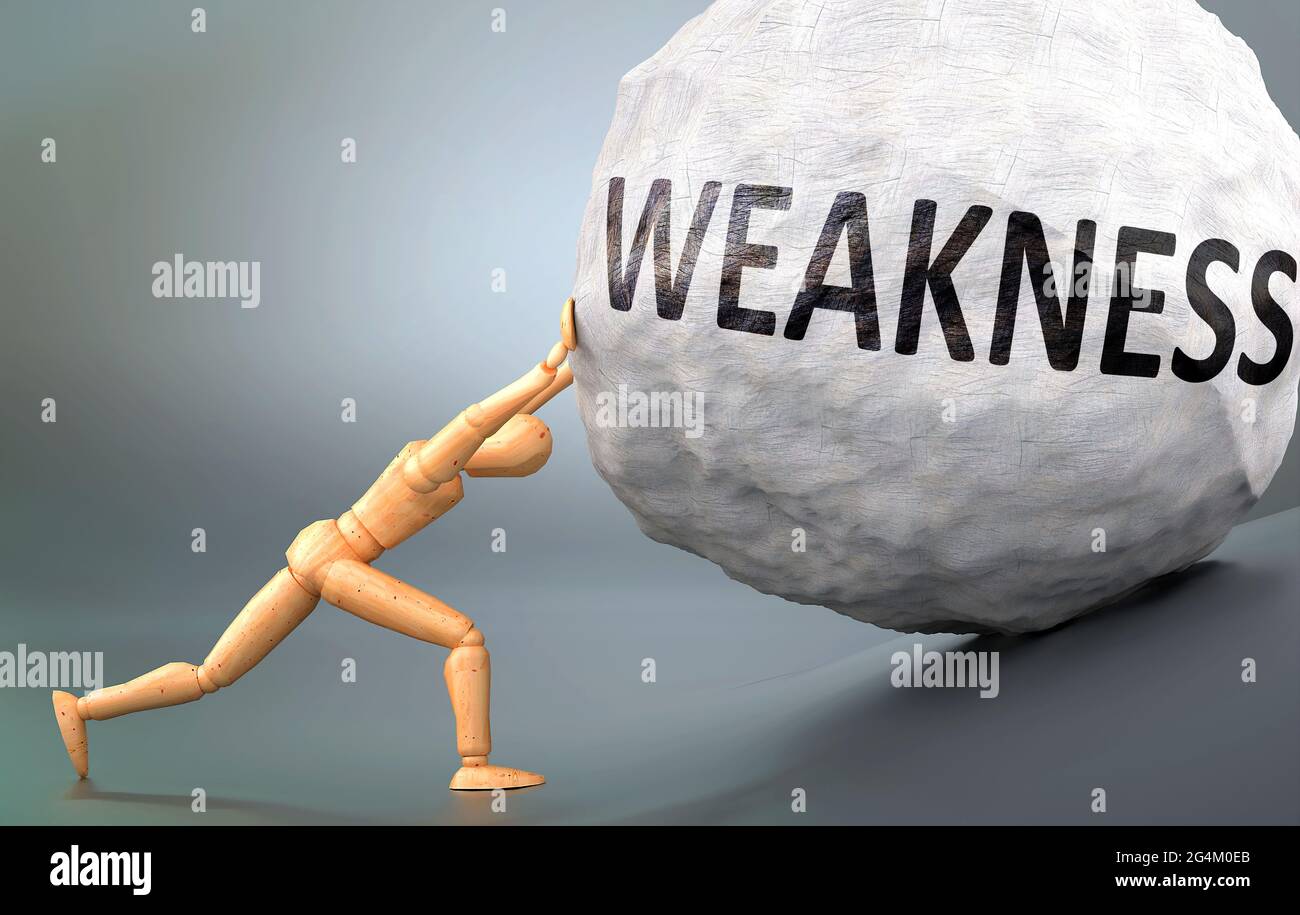 Weakness and painful human condition, pictured as a wooden human figure pushing heavy weight to show how hard it can be to deal with Weakness in human Stock Photo
