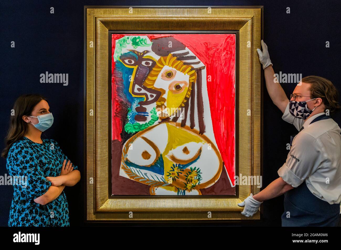 London, UK. 22nd June, 2021. Pablo Picasso, Homme et femme au bouquet,  Estimate: 8,000,000-12,000,000 GBP - Preview of the Modern & Contemporary  Art Evening Sale at Sotheby's New Bond Street Galleries, London.