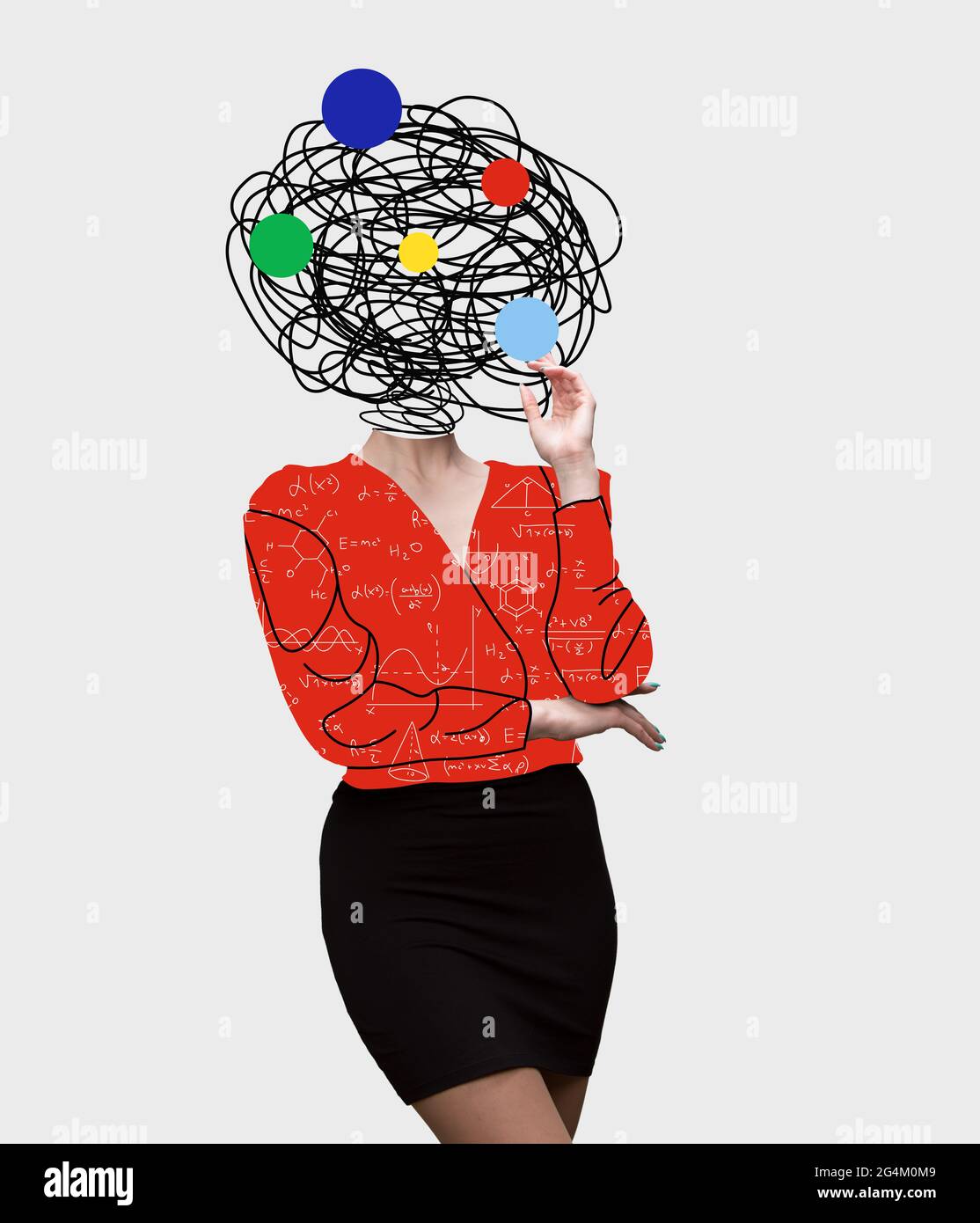 Chaos in woman's head and hurricane of thoughts. Modern design, contemporary art collage. Inspiration, idea, trendy urban magazine style. Line art Stock Photo