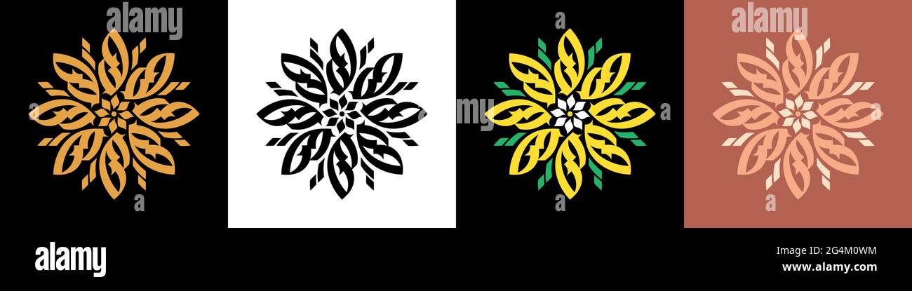 Abstract calligraphic flower ornament. Golden mandala, rangoli and bloom, calligraphic pattern. Set of elegant logo, vintage symbol, luxury silhouette Stock Vector