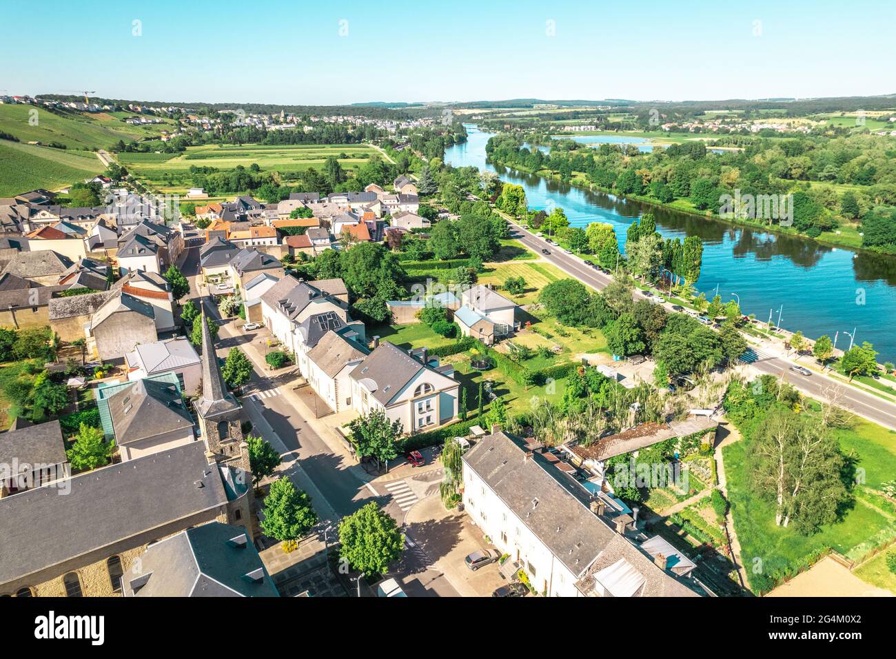 Aerial view of the Moselle river between Luxembourg and Germany. Stock Photo