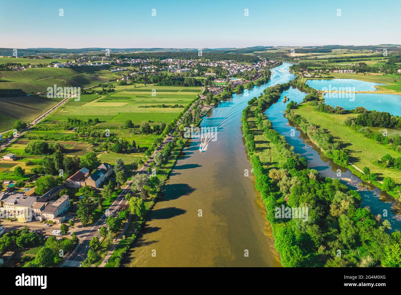 Aerial view of the Moselle river between Luxembourg and Germany. Stock Photo