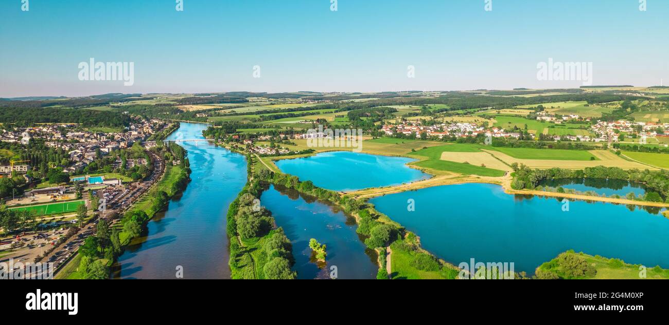 Aerial view of the Moselle river between Luxembourg and Germany. Stock Photo