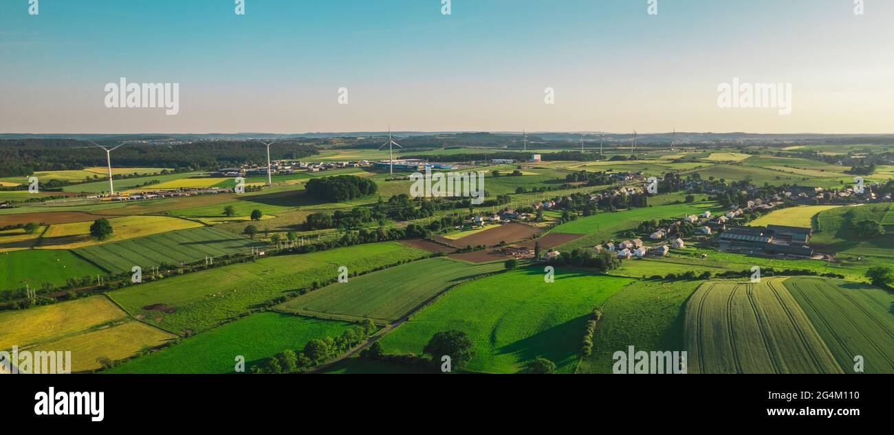 Aerial view of the wind turbines on the Luxembourg - Belgium border Stock Photo
