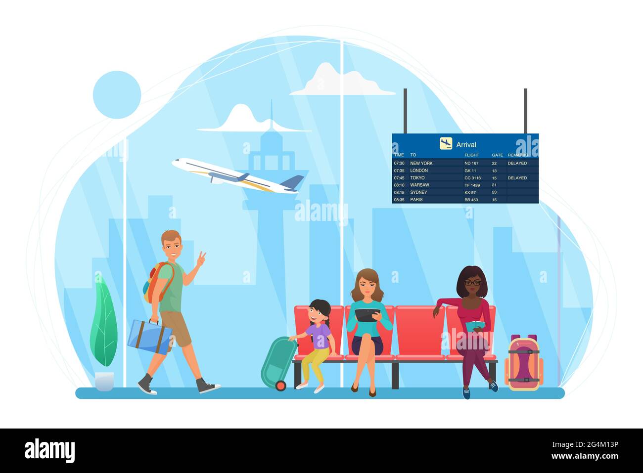 Happy people travel, wait at airport for trip flight vector illustration. Cartoon man tourist character walking, young mother with kid sitting on seats, woman reading in waiting area isolated on white Stock Vector