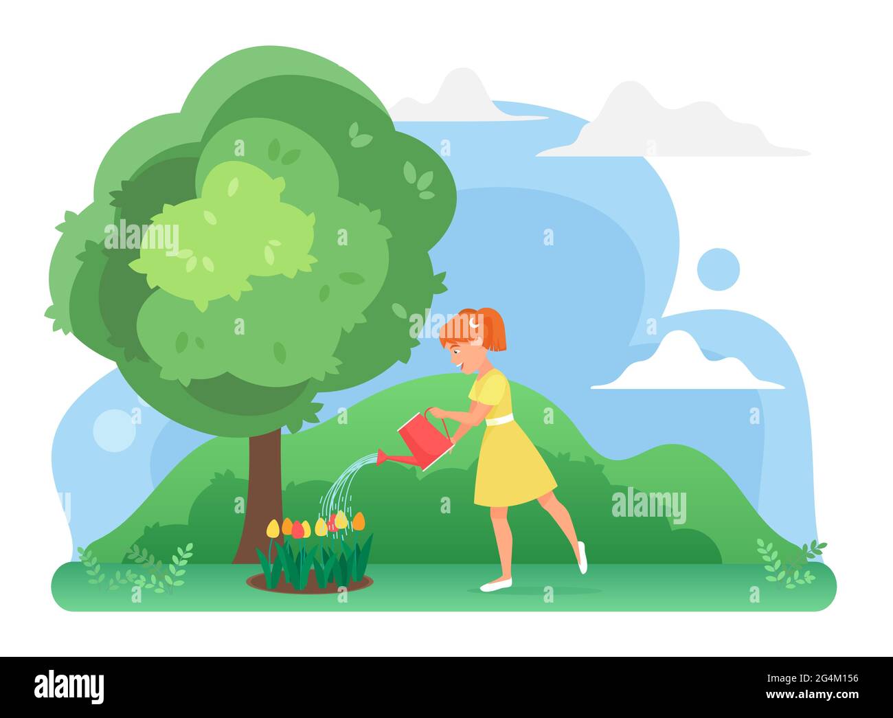 Girl watering flowers in farm garden, growing tulips plants vector illustration. Cartoon happy cute child gardener character planting, care nature environment, gardening hobby isolated on white Stock Vector