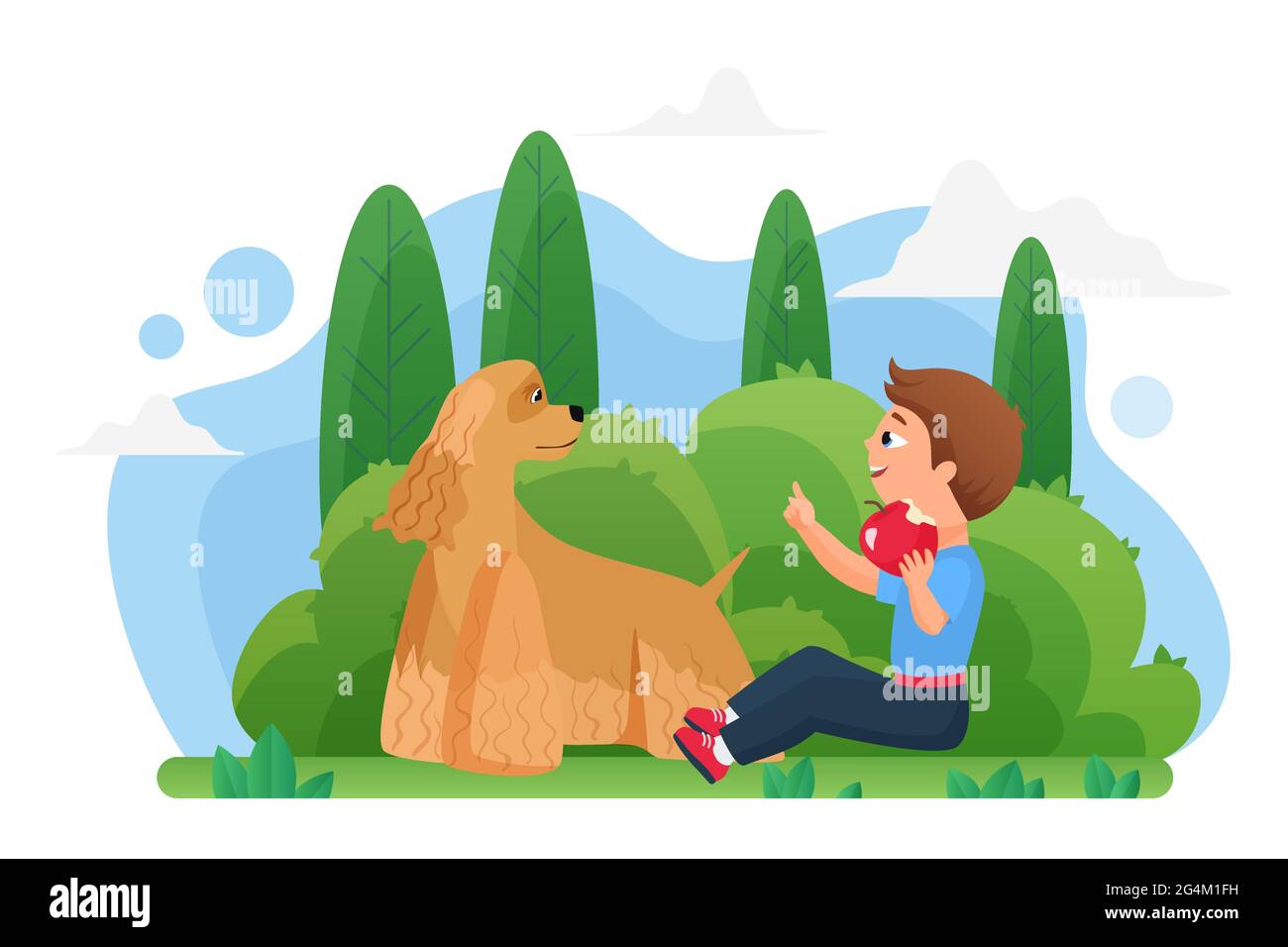 Little cute boy kid is happy and playing with dog in the park vector ...