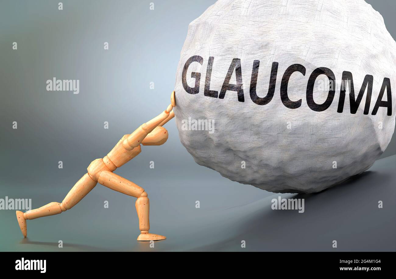 Glaucoma and painful human condition, pictured as a wooden human figure pushing heavy weight to show how hard it can be to deal with Glaucoma in human Stock Photo