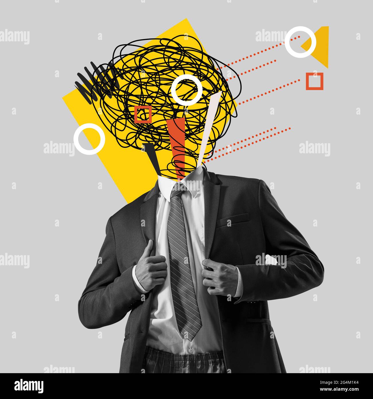Chaos in man's head and hurricane of thoughts. Modern design, contemporary art collage. Inspiration, idea, trendy urban magazine style. Line art Stock Photo