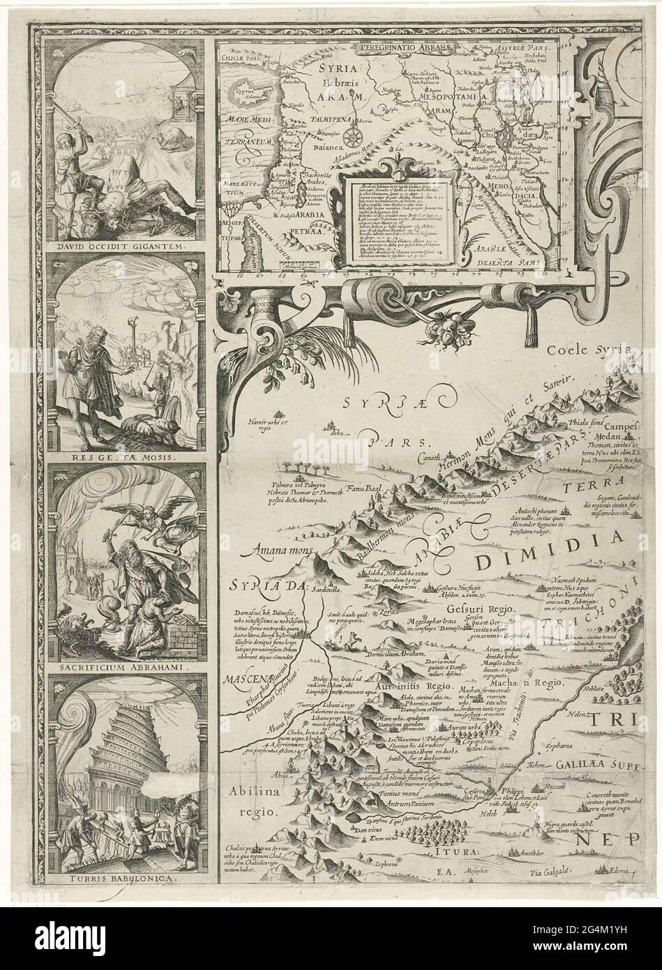 . Left top plate of a map of Palestine, with inscriptions that relate to the events of the old and New Testament. At the top a small map of the Middle East with a legend. In the edge four performances from the Old Testament: David and Goliat, Moses and the Golden Calf, Abraham sacrifice and the tower of Babel. Stock Photo
