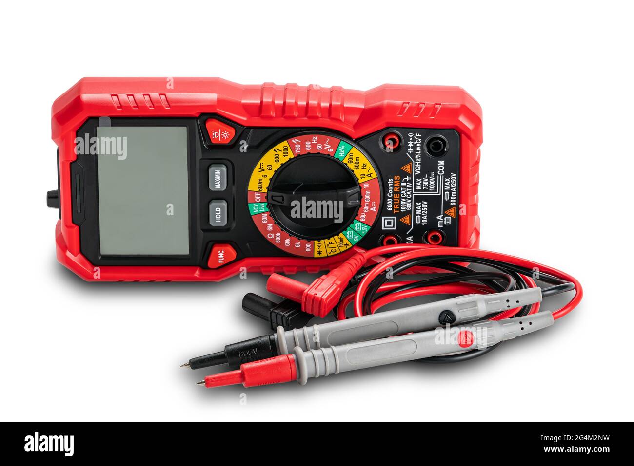 View of red portable digital multimeters or multitester with test leads and probes isolated on white background with clipping path. Stock Photo