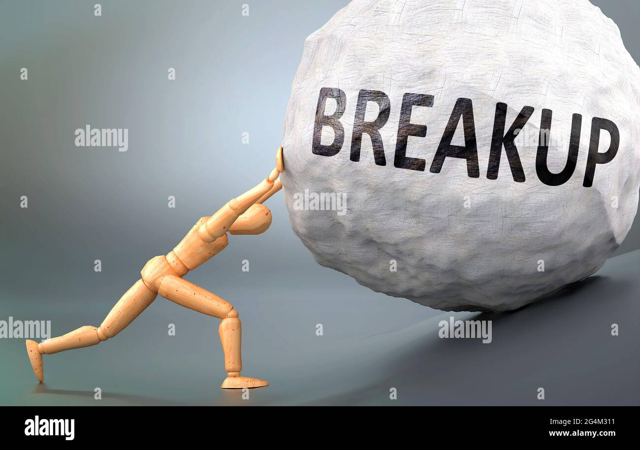 Breakup and painful human condition, pictured as a wooden human figure pushing heavy weight to show how hard it can be to deal with Breakup in human l Stock Photo