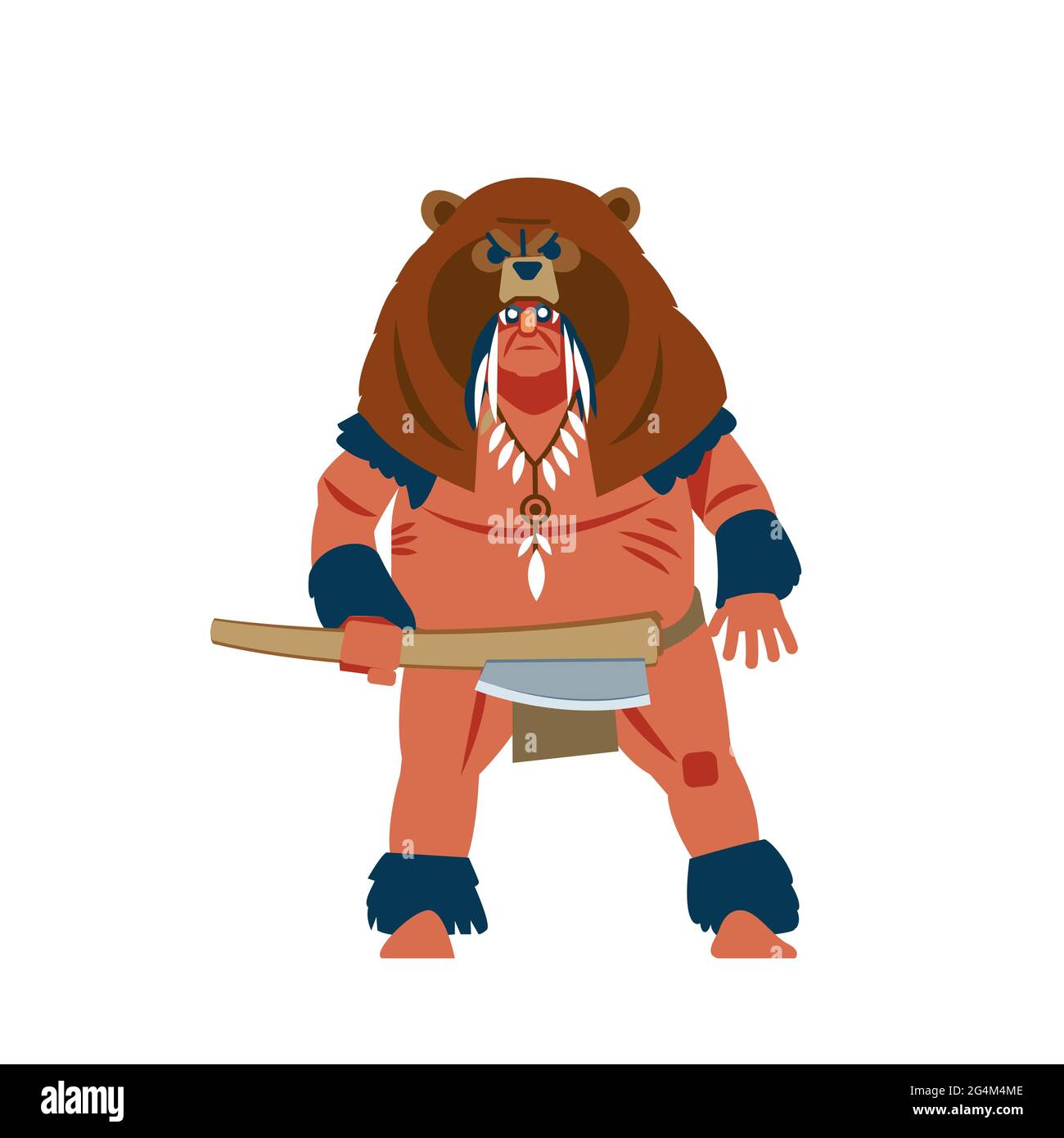 Warrior of South America, Mayan, Aztec or Inca Barbarian warrior with war mask, wearing a bear helmet and with the traditional weapon. Flat, cartoon Stock Vector