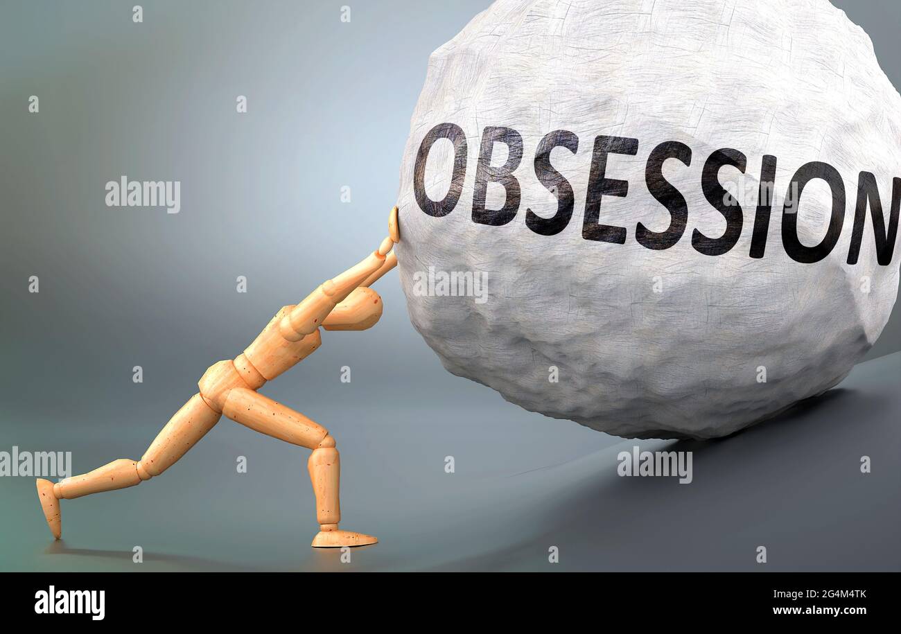 Obsession and painful human condition, pictured as a wooden human figure pushing heavy weight to show how hard it can be to deal with Obsession in hum Stock Photo