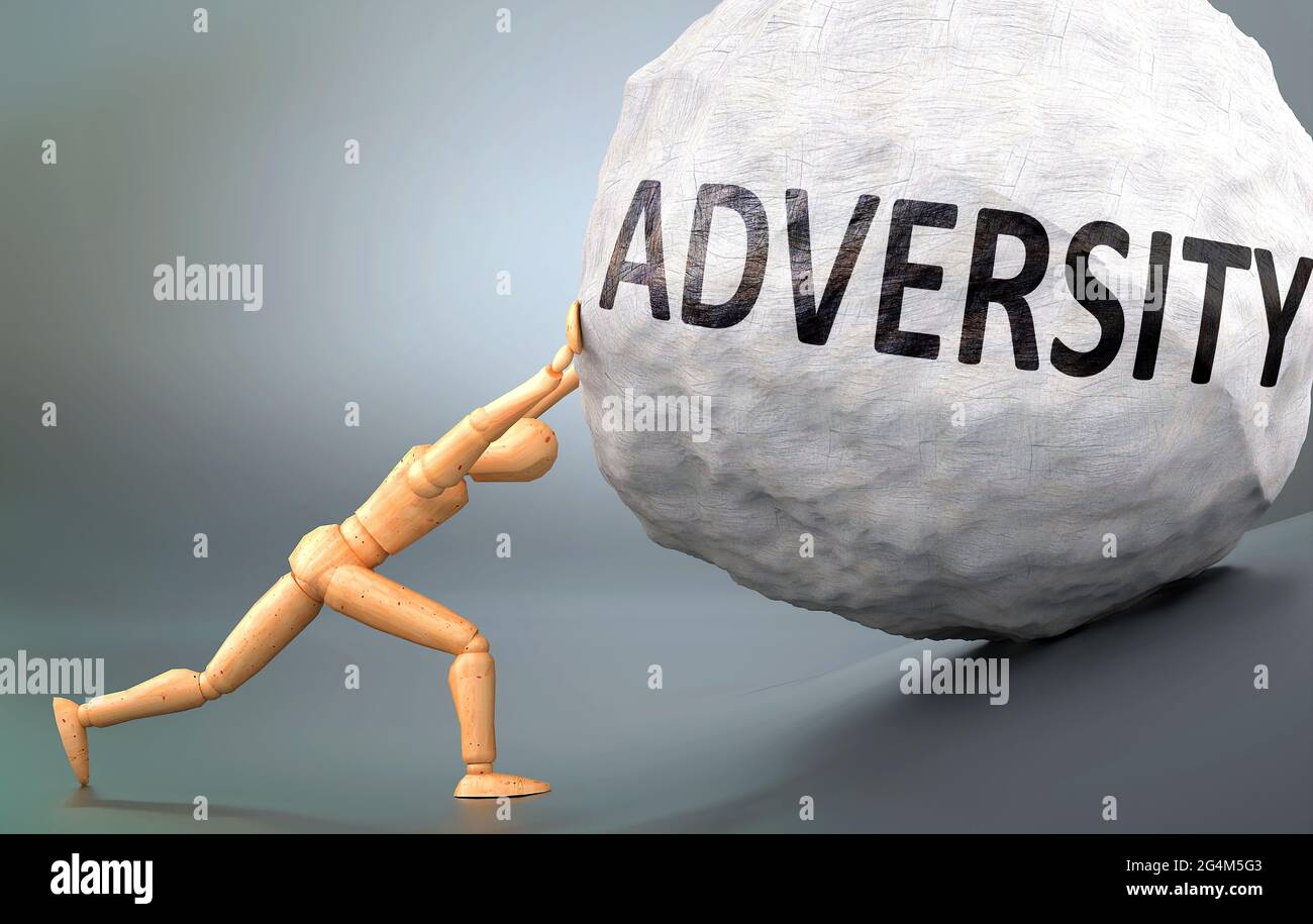 Adversity and painful human condition, pictured as a wooden human figure pushing heavy weight to show how hard it can be to deal with Adversity in hum Stock Photo