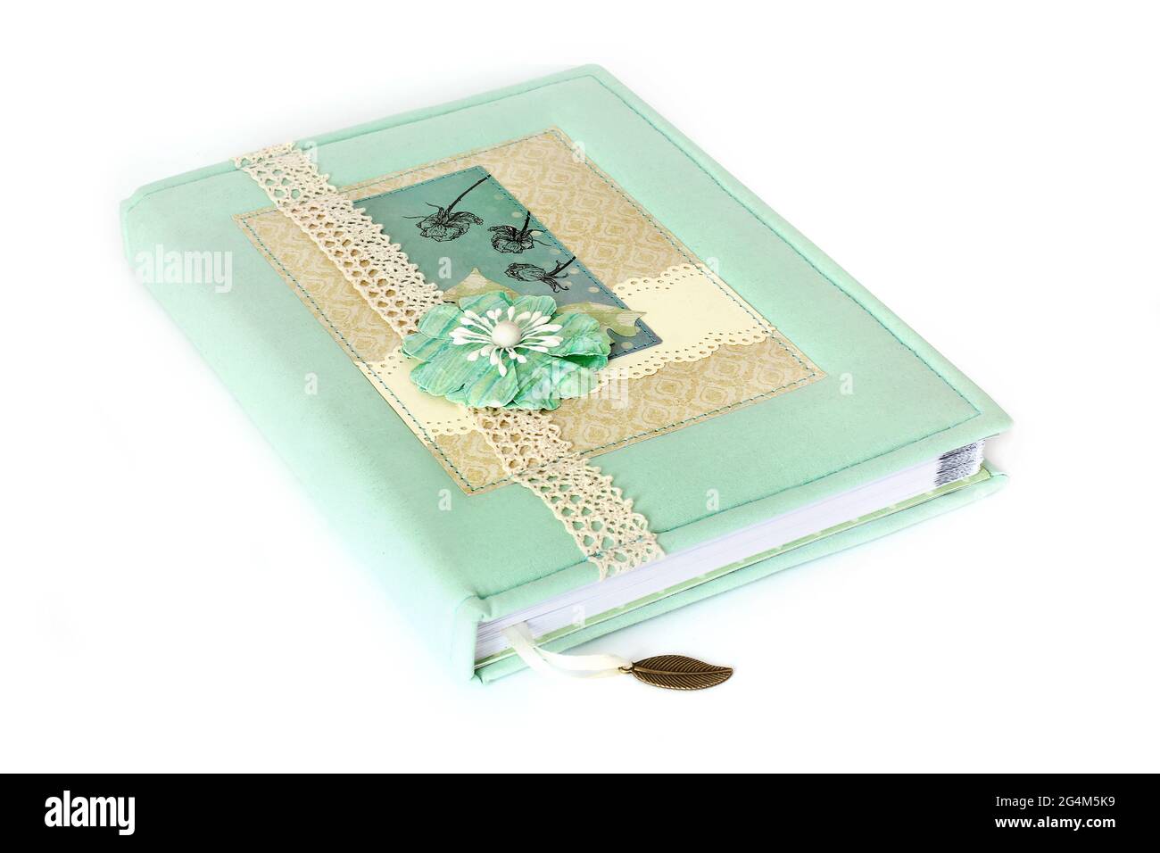 Handmade notepad. Beautiful notebook on white background Stock Photo