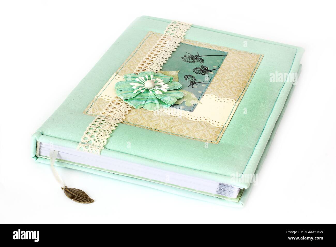 Handmade notepad. Beautiful notebook on white background Stock Photo