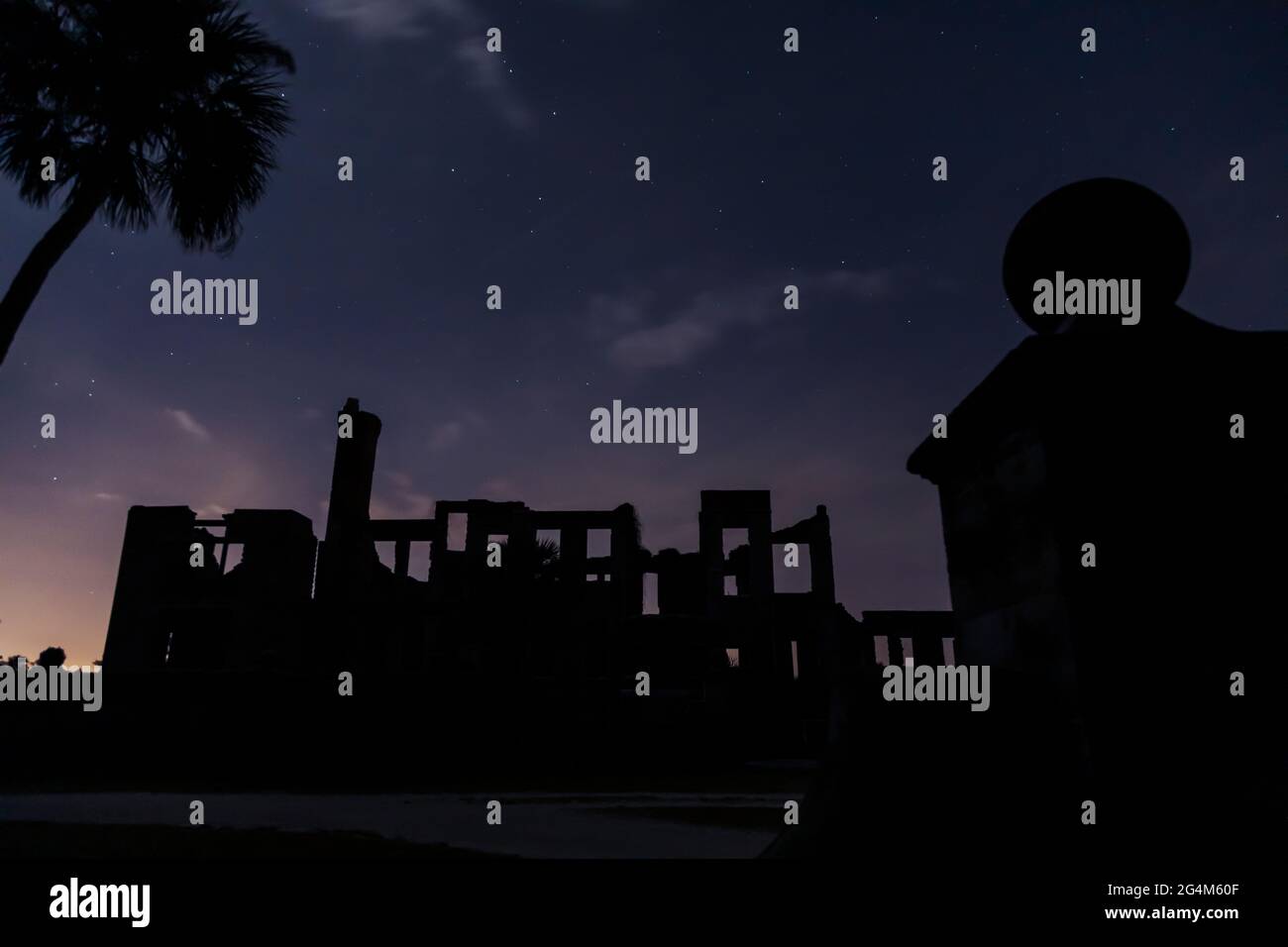 Dungeness Ruins at night with stars on Cumberland Island National Seashore, Georgia a barrier island Stock Photo