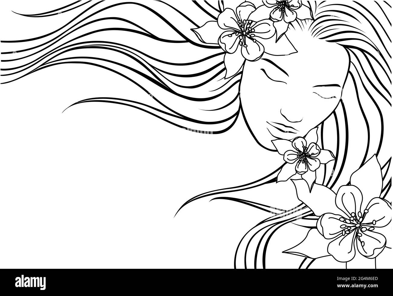 Beautiful young women with long hair and eyes closed ornated with flowers Stock Vector