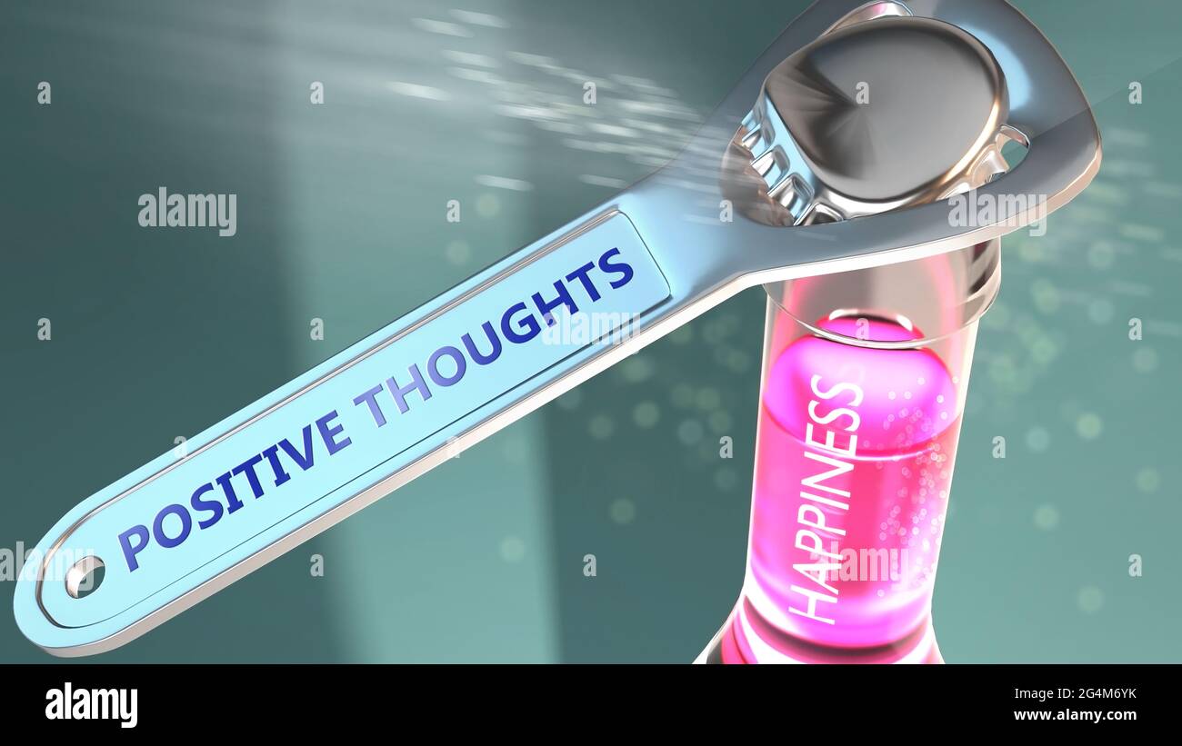 Positive thoughts open the way for happiness - shown as a happy bottle opened by Positive thoughts to symbolize the effect and impact of Positive thou Stock Photo